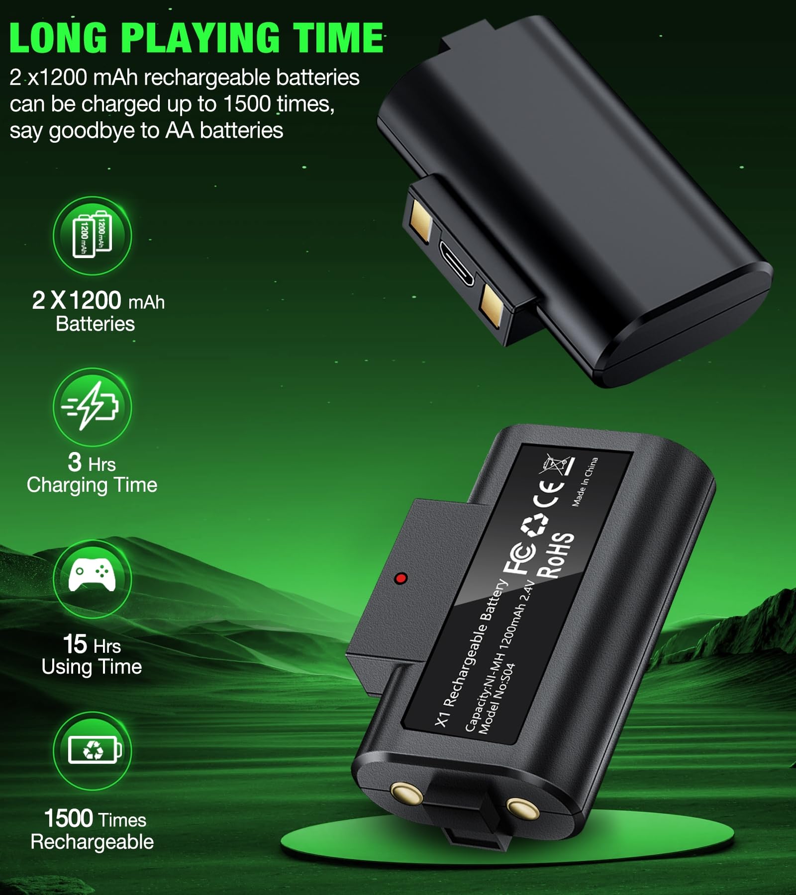 Xbox One Consoles-Xbox Rechargeable Battery with Xbox Controller Charger, 2x1200 Xbox Controller Battery Pack for Xbox Series X/S, Xbox Charging Station for Xbox One/S/X/Elite 3