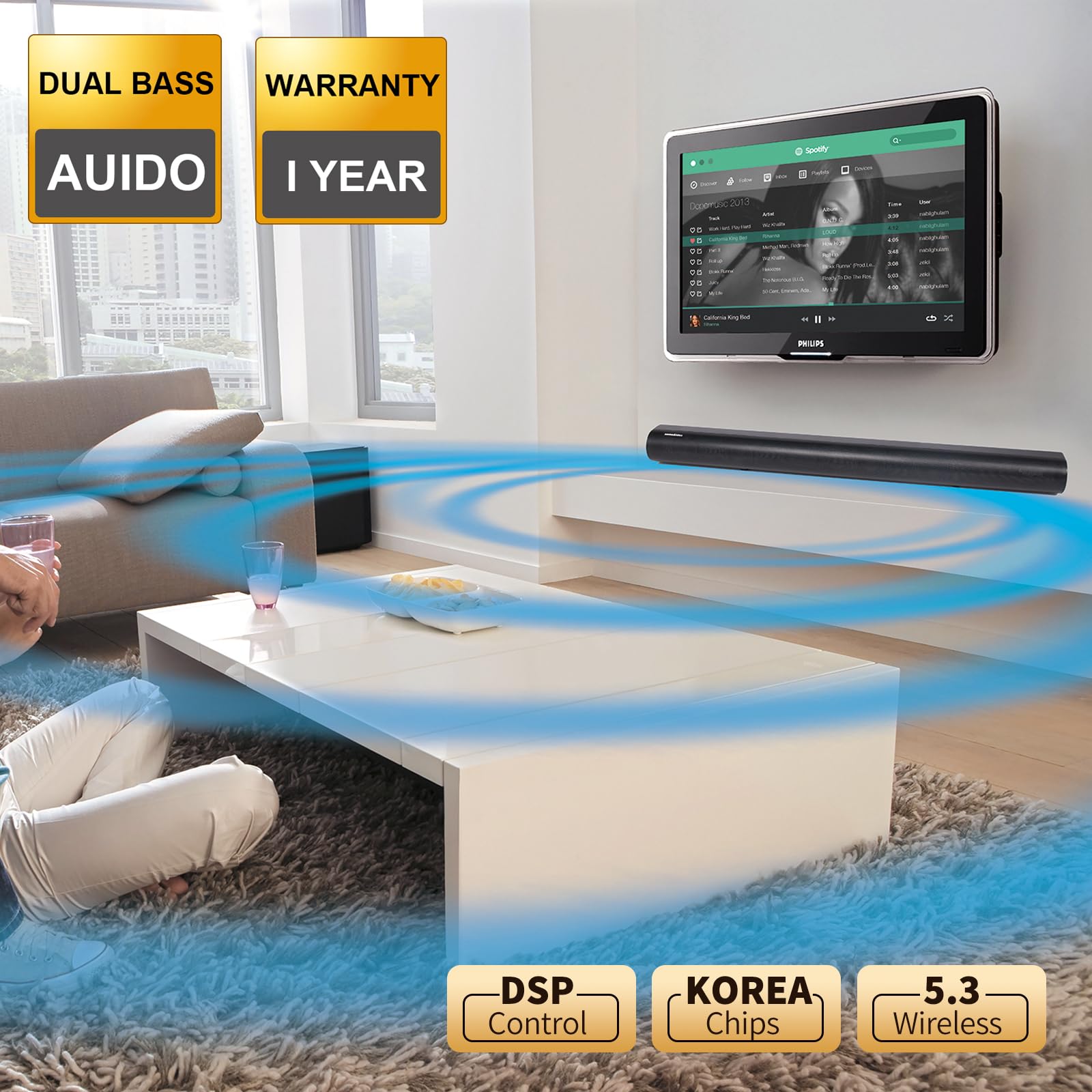 ARC Soundbars 35.6 inch 2.2CH TV Sound Bar System Built in Subwoofer Home Theater 150W Peak Power Surround Home Cinema Bluetooth 5.3 Soundbar Woofer Speaker HDMI Sound Stick Optical Coaxial DSP EQ AUX 2