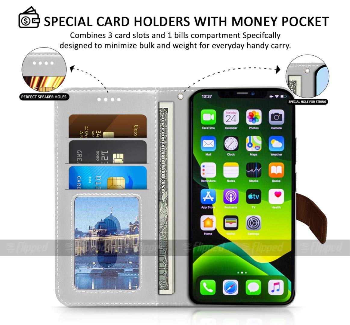 FLIPPED Vegan Leather Flip Case Back Cover for Apple iPhone 13 Pro Max (Flexible, Shock Proof | Hand Stitched Leather Finish | Card Pockets Wallet & Stand | Tan with Brown) 6