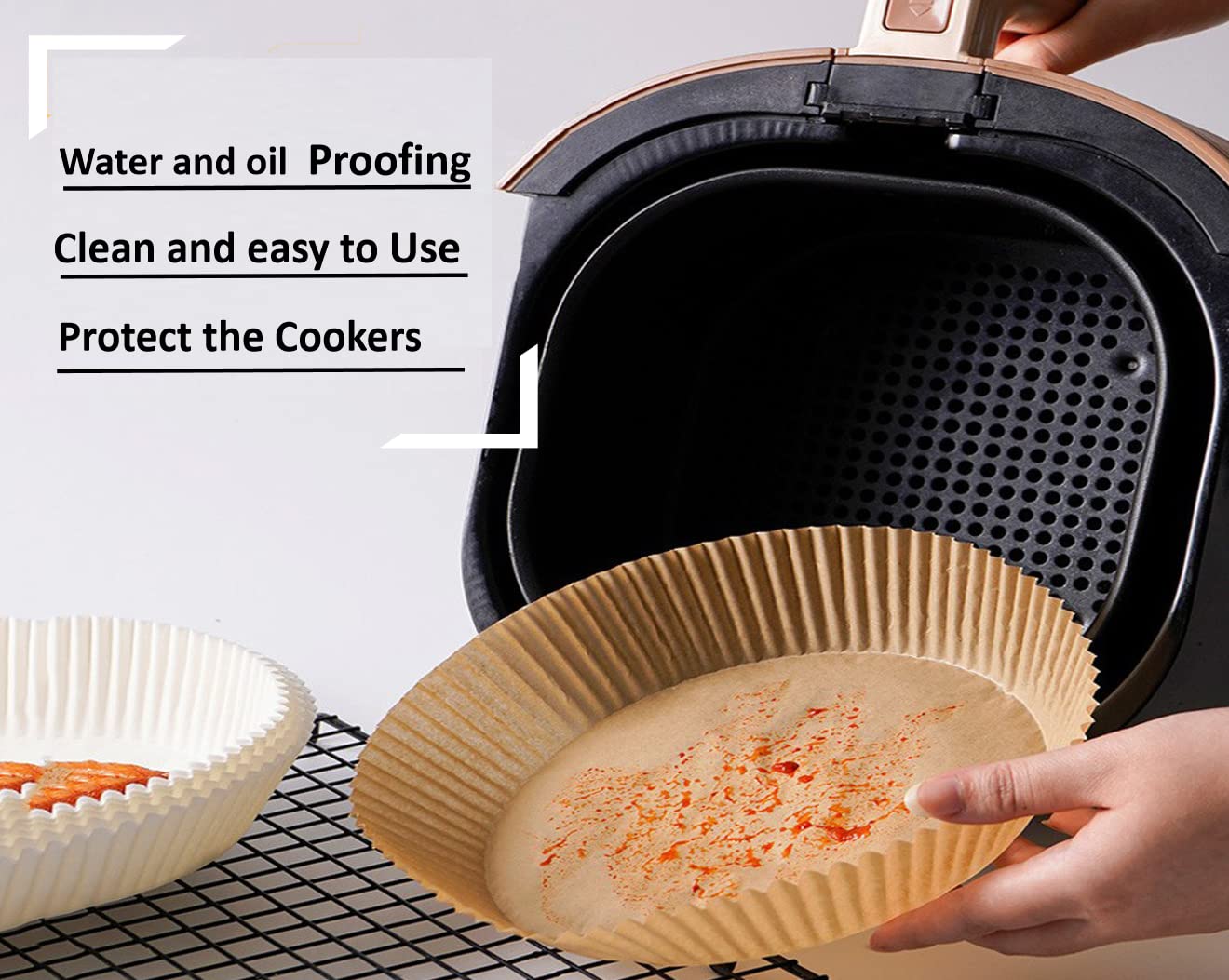 Goldfe Air Fryer Disposable Paper Liner,Disposable Fryer Paper Pads, Non-Stick Air Fryer Lined Oil Resistant, Waterproof(100 Pcs Natural) 3