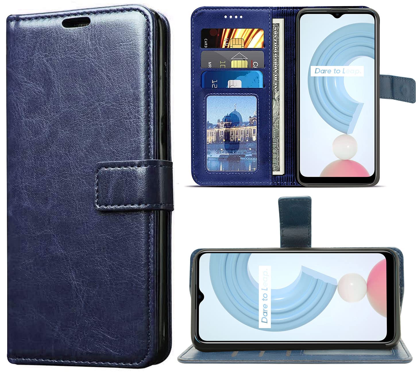 Jkobi Flip Cover Case for Realme C25Y | C21Y (Leather Finish | Magnetic Closure | Inner TPU | Foldable Stand | Wallet Card Slots | Blue) 3