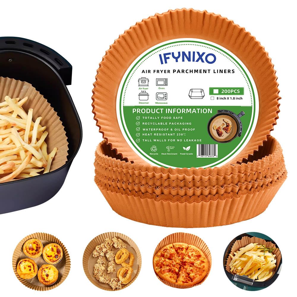 IFYNIXO Air Fryer Liners Disposable, 200Pcs Non-stick, 8” Oil-proof Parchment Paper Air Fryer Liners, Wood Pulp, Food Grade for Air Fryer, Frying Pan, Oven, Microwave and Steamer - (Round) 1