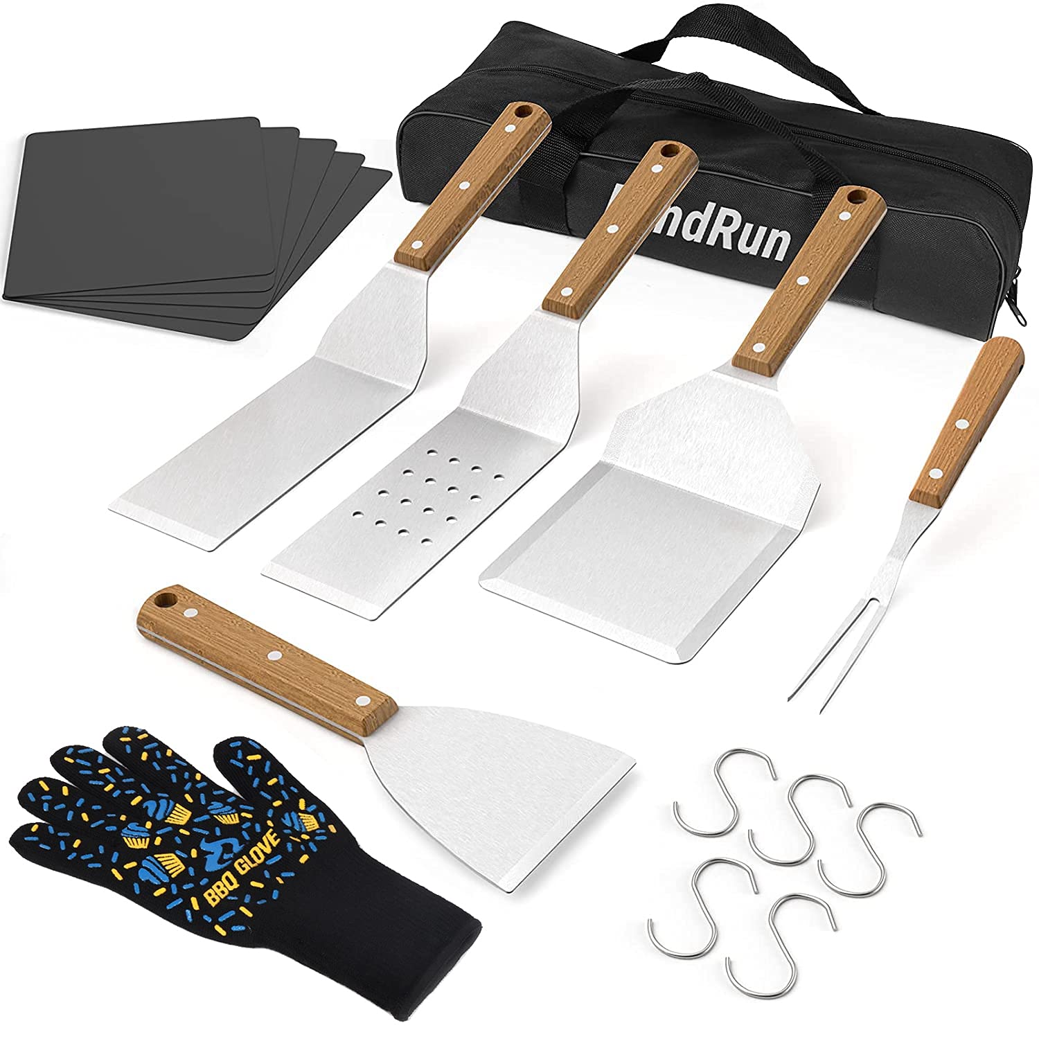 BBQ Grill Tools Set Gift for Dad, 16 Piece Set, Grill Accessories for Blackstone Camping,Included Spatulas, Scraper, Fork, Gloves, Carry Bag，and Hooks for Barbecue, Camping, Cooking 1