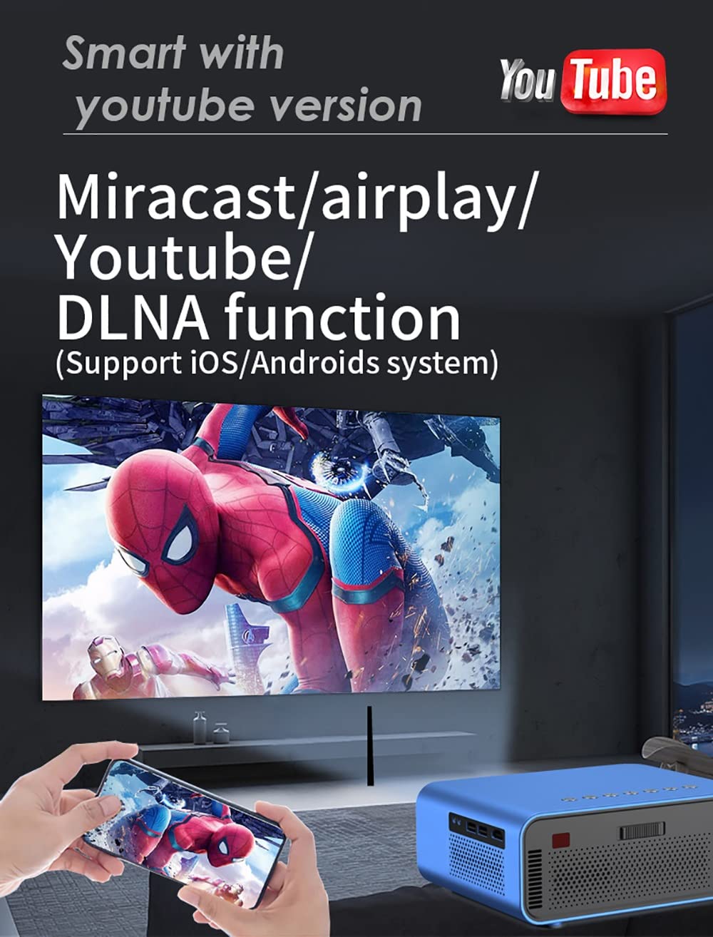 T4 Mini Projector 3600 Lumens Support Full 1080P LED Proyector Big Screen Portable Home Theater Smart Video Beamer (Color : D) (D ) 5