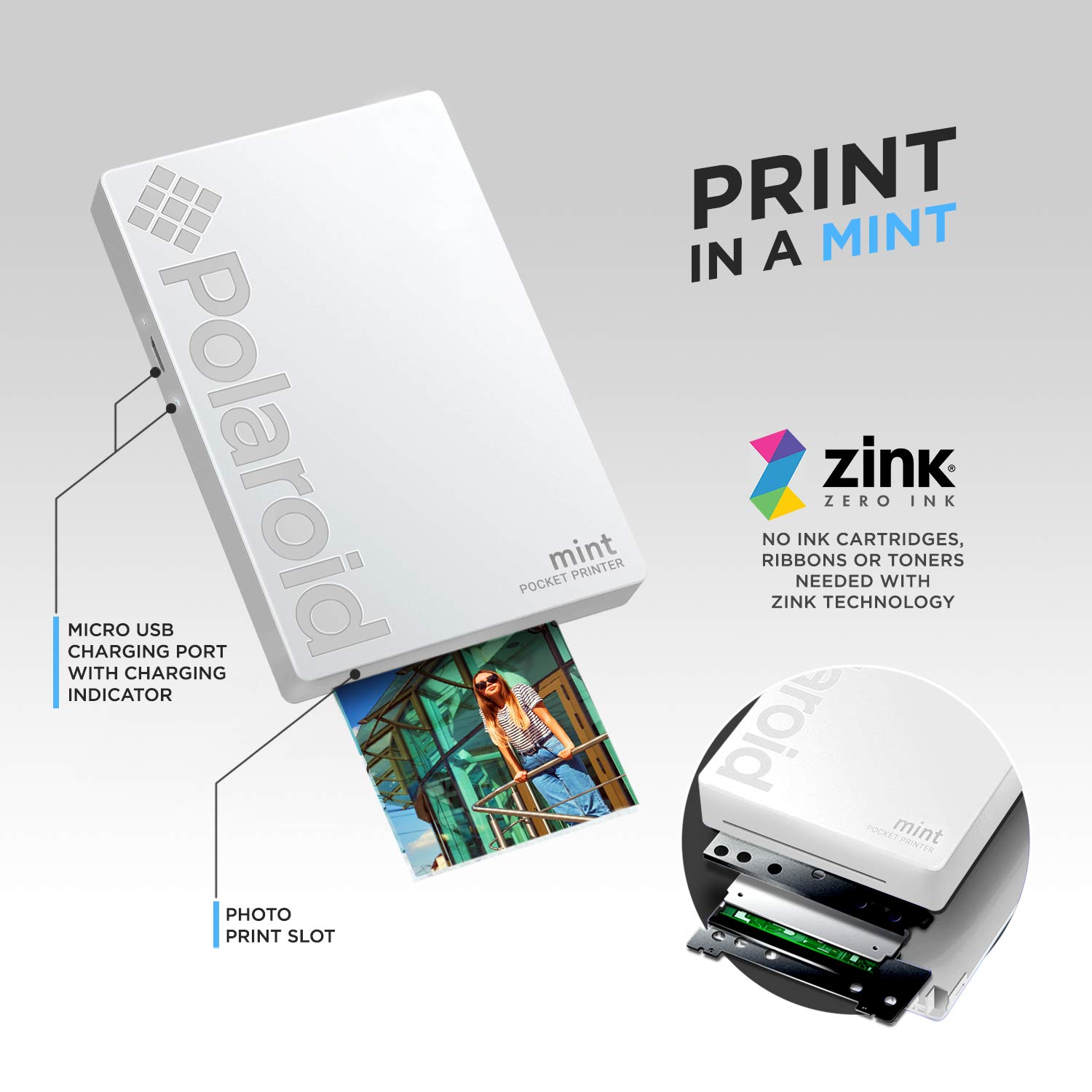 Zink Polaroid Mint Pocket Printer W/ Zink Zero Ink Technology & Built-In Bluetooth for Android & iOS Devices - White 4