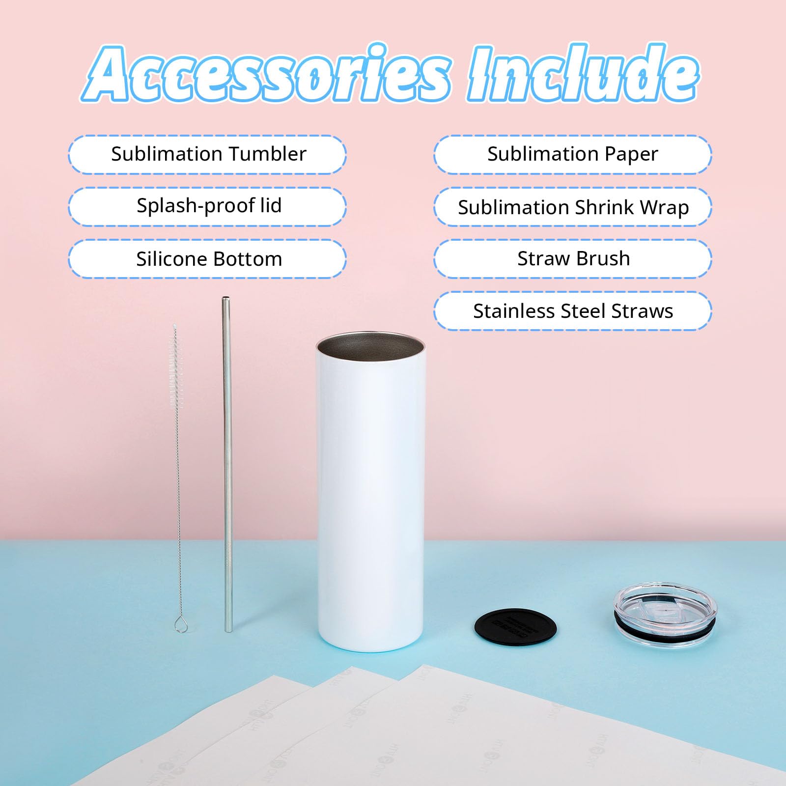 HTVRONT Sublimation Tumblers 12 PCS - 20 OZ Sublimation Tumbler Blanks with Sublimation Paper/Shrink Wrap Films/Heat Tape/Straws/Straw Brush - Sublimation Blanks Products for Gift/DIY Craft 6