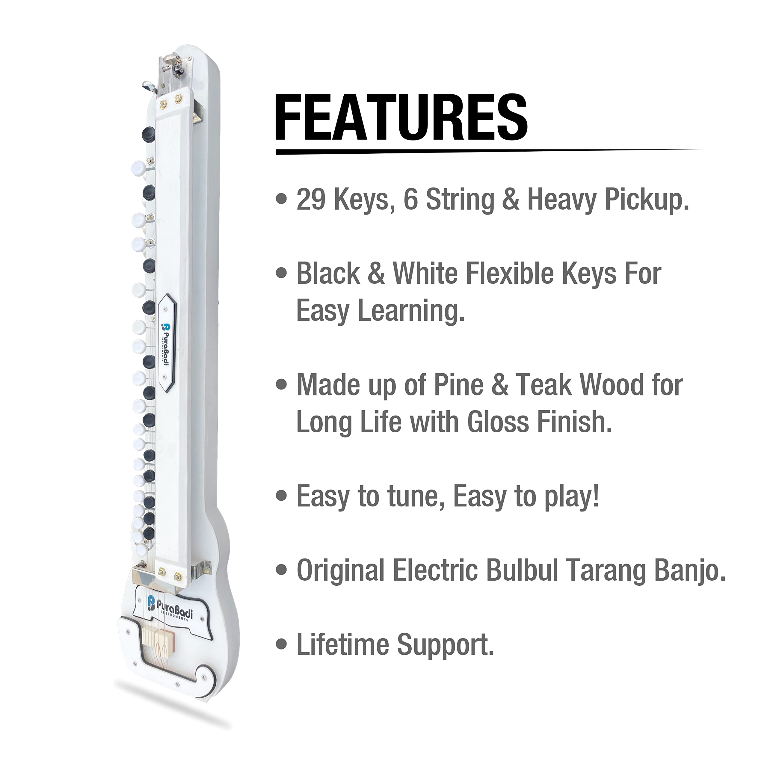 Pura Badi Banjo PB29 - Bulbul Tarang, 29 Keys, 6 String, Bag, Extra Strings, Banjo Picks, Jack Cable, Free Lessons (SUPER WHITE) 5