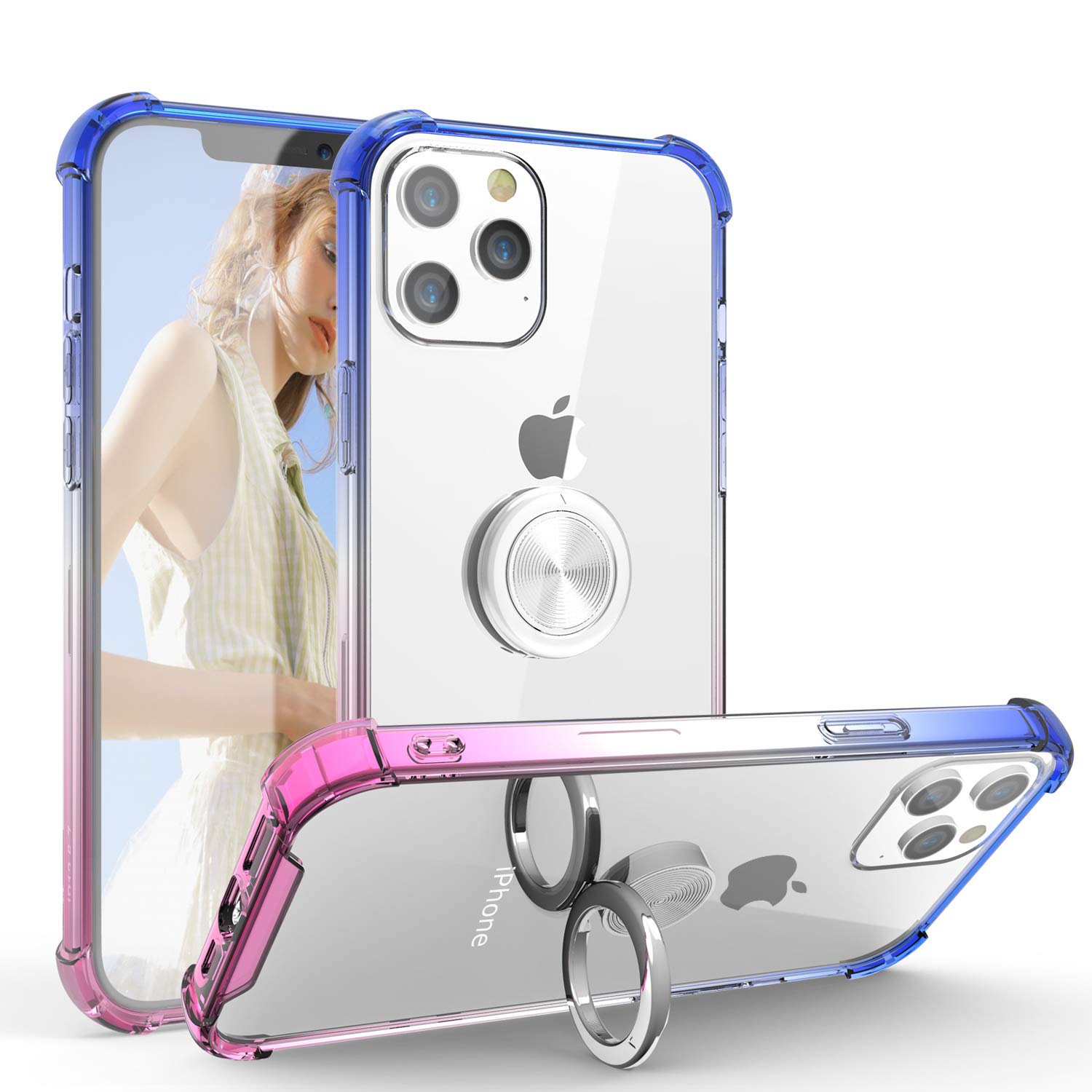 iPhone 2021 Case, Carbon Fiber Design Clear Crystal Anti-Scratch Case with 360 Degree Rotation Ring Kickstand(Work with Magnetic Car Mount) for iPhone 2021 (iPhone 12 pro max,Clear) 1