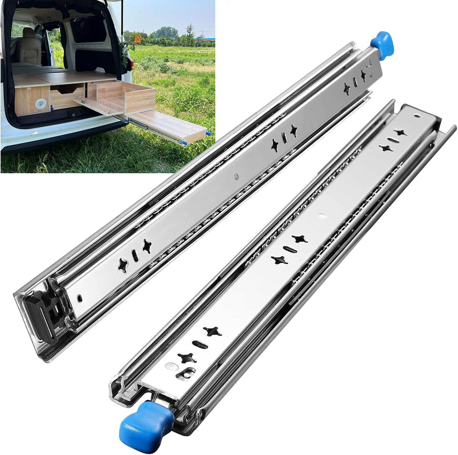 Heavy Duty Drawer Slides with Lock 36 Inch,3-Fold Full Extension Locking Drawer Slides 250 lbs Load Capacity Side Mount Ball Bearing Industrial Locking Rail 1 Pair(W:53mm, 36") 1