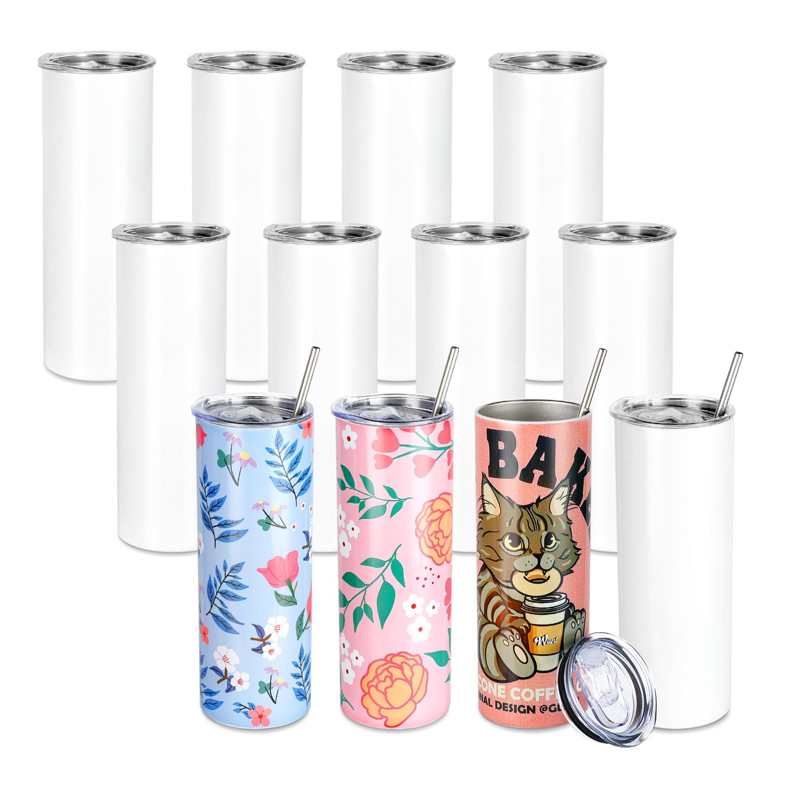 HTVRONT Sublimation Tumblers 12 PCS - 20 OZ Sublimation Tumbler Blanks with Sublimation Paper/Shrink Wrap Films/Heat Tape/Straws/Straw Brush - Sublimation Blanks Products for Gift/DIY Craft 1