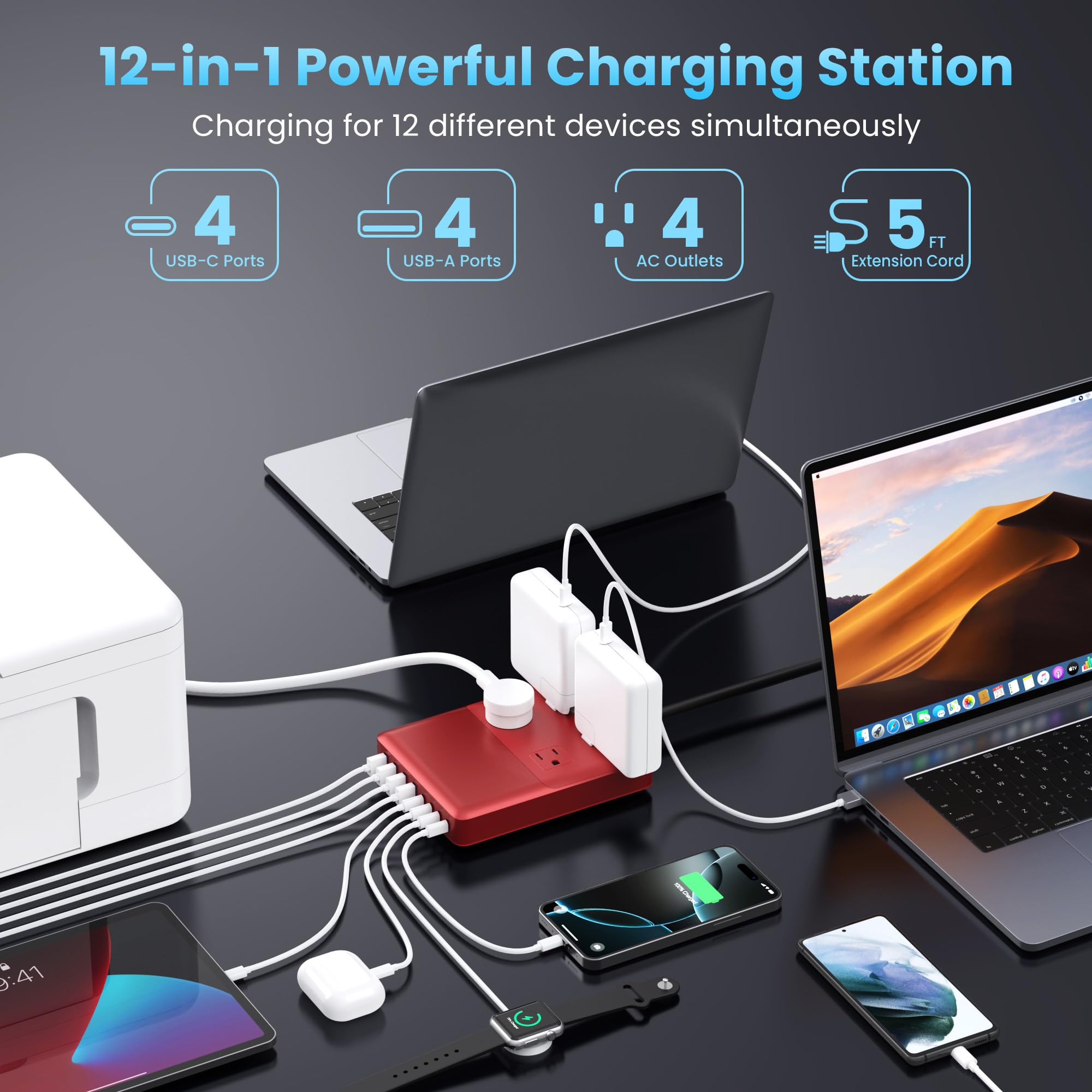 12-in-1 Charging Station USB C Power Strip with 5ft Cord,105W GaN IV USB C Charger Block,4 AC Outlets,4 USB-A,4 USB-C for MacBook,iPhone 16/15/14,Fast Charging Desktop Charger for Office,Home (Red) 3