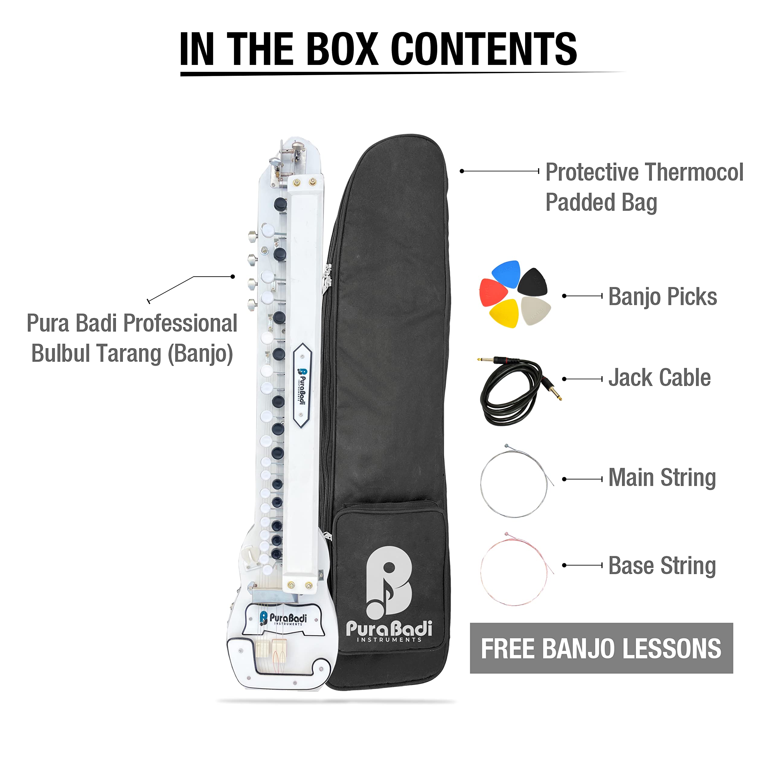 Pura Badi Banjo PB29 - Bulbul Tarang, 29 Keys, 6 String, Bag, Extra Strings, Banjo Picks, Jack Cable, Free Lessons (SUPER WHITE) 6