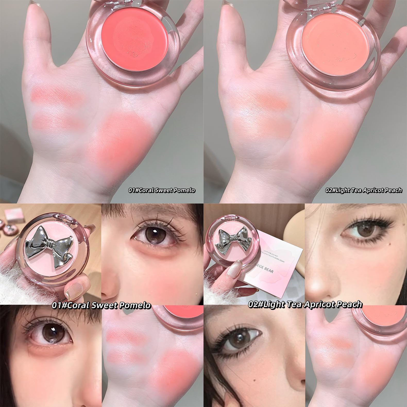 Gege Bear Blusher Multipurpose Cream | Contour Eyeshadow Highlight & Blush Functions | Buildable Coverage Formula | Silver Bow Aesthetic Packaging | Non-Cakey Cream Blush for Women & Teens | Long-Lasting Waterproof & Hydrating with Shea Butter (05# Almond Bitter Coffee, 4g) 4