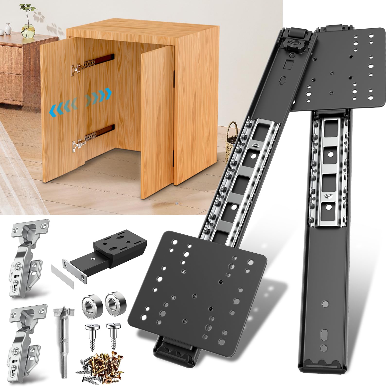 Pocket Door Slide kit, Pivot Door Slide Hardware Insert with Magnetic Push-Pull Latch for Cabinet Doors and Insert Doors, Durable and Silent Design for Kitchen Bathroom Furniture (14in, Pieces, 2) 1