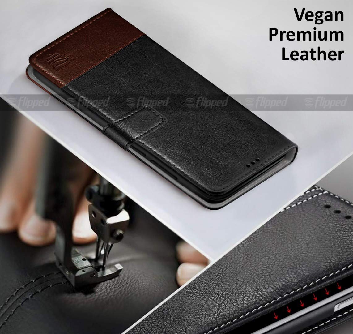 FLIPPED Vegan Leather Flip Case Back Cover for Apple iPhone 13 Pro Max (Flexible, Shock Proof | Hand Stitched Leather Finish | Card Pockets Wallet & Stand | Black with Brown) 3
