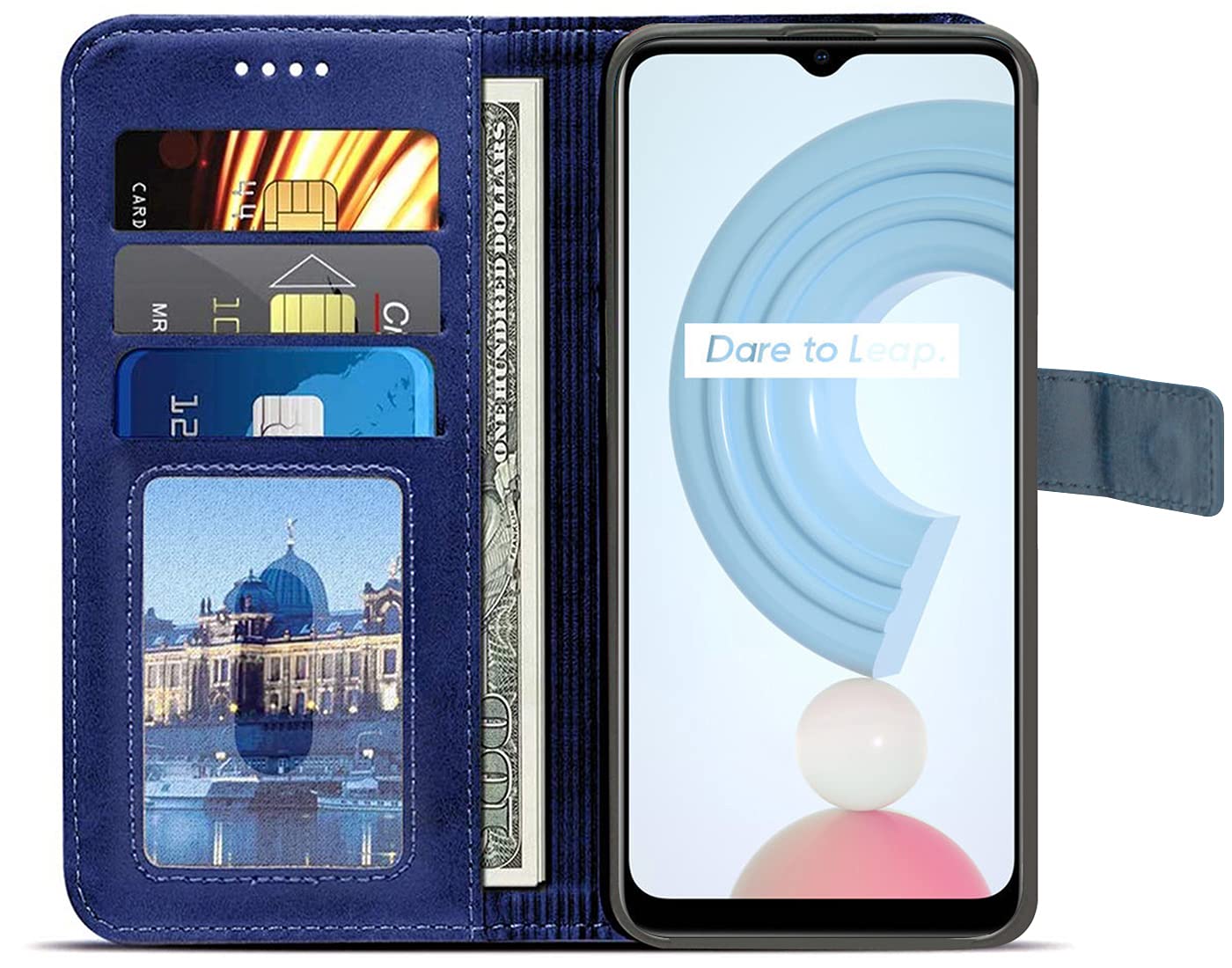 Jkobi Flip Cover Case for Realme C25Y | C21Y (Leather Finish | Magnetic Closure | Inner TPU | Foldable Stand | Wallet Card Slots | Blue) 4