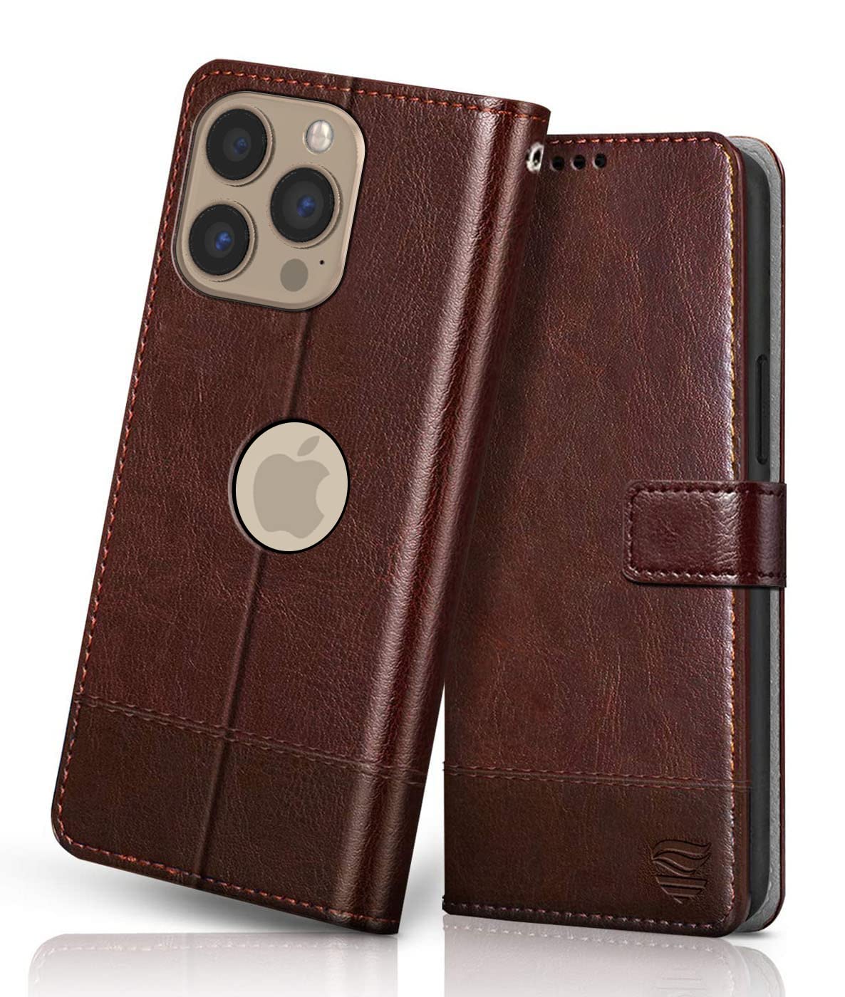FLIPPED Vegan Leather Flip Case Back Cover for Apple iPhone 13 Pro Max (Flexible, Shock Proof | Hand Stitched Leather Finish | Card Pockets Wallet & Stand | Tan with Brown) 1