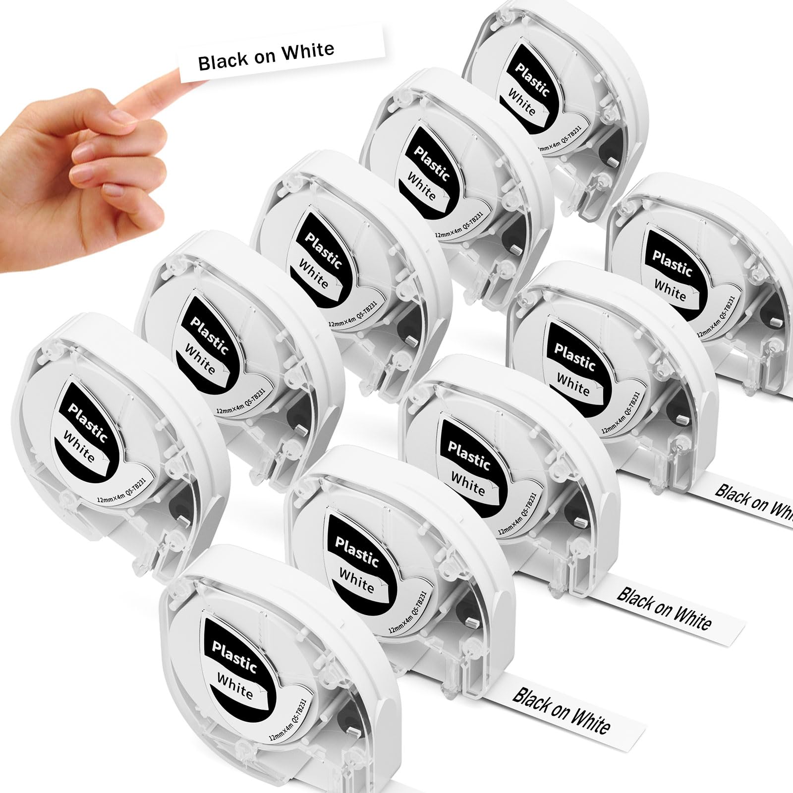 Phomemo P12 Label Maker Tape Replacement for DYMO LetraTag Label Maker Refills Pastic 16952 Tape for DYMO Letra Tag 100H LT-100T Plus LT110T, 1/2 in x 13 Ft (12mmx4m),Blakc on White,10-Pack 1