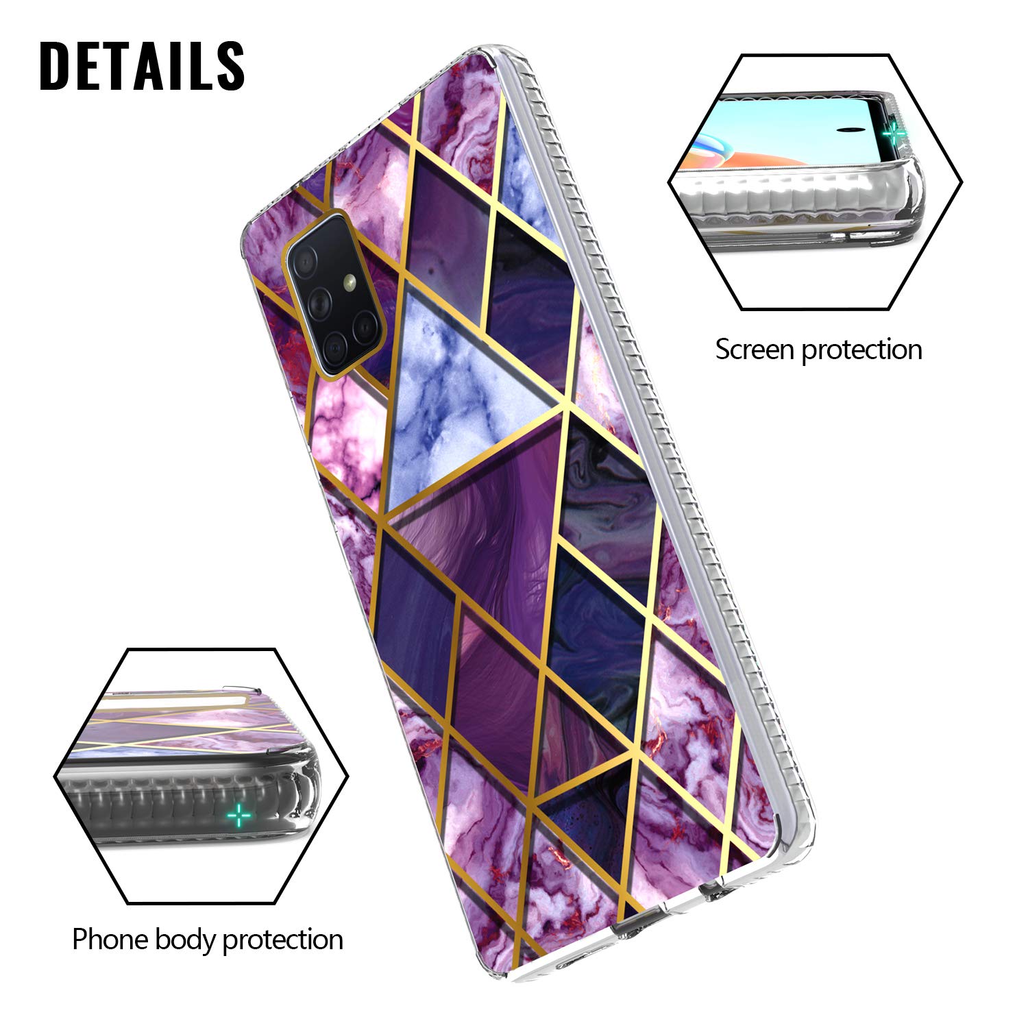 KWEICASE Cell Phone Case for Samsung Galaxy A71 5G (Not for UW & Not for 4G), Heavy Duty Hybrid Case with Geometric Diamond Purple Marble Design, Shockproof Bumper Protective Case Cover 5