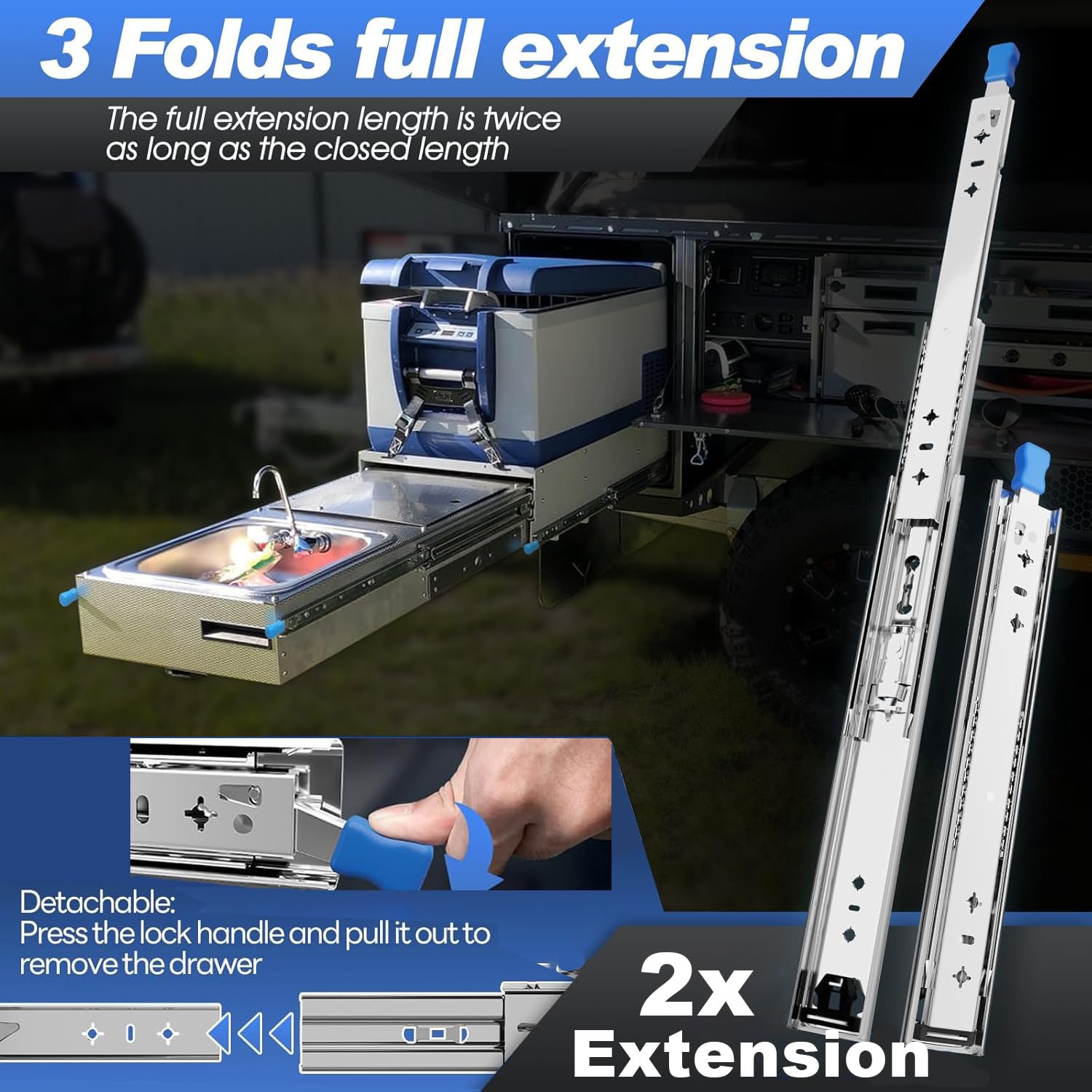 Heavy Duty Drawer Slides with Lock 36 Inch,3-Fold Full Extension Locking Drawer Slides 250 lbs Load Capacity Side Mount Ball Bearing Industrial Locking Rail 1 Pair(W:53mm, 36") 4