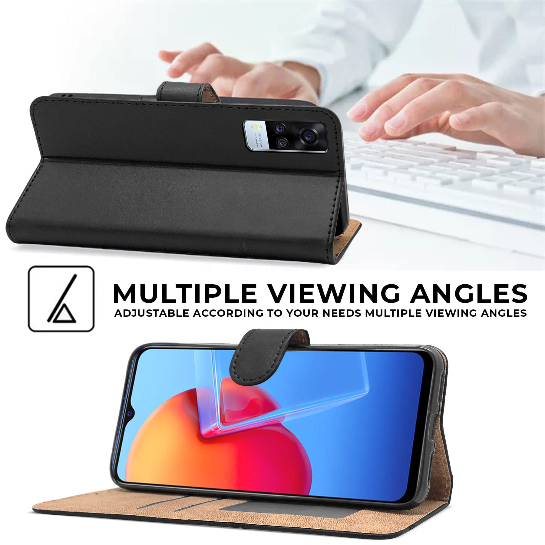 Jkobi Flip Cover Case for Vivo Y53s 4G (Stitched Leather Finish | Magnetic Closure | Inner TPU | Foldable Stand | Wallet Card Slots | Black) 6