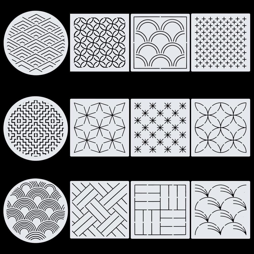 INFUNLY 12PCS Sashiko PET Template 5.9"×5.9" Geometric Sashiko Pattern Template Drawing Line Sashiko Template for Dresses Bags Wave Embroidery Stencils Square Sashiko Stencil for Hand Sewing Lovers 1