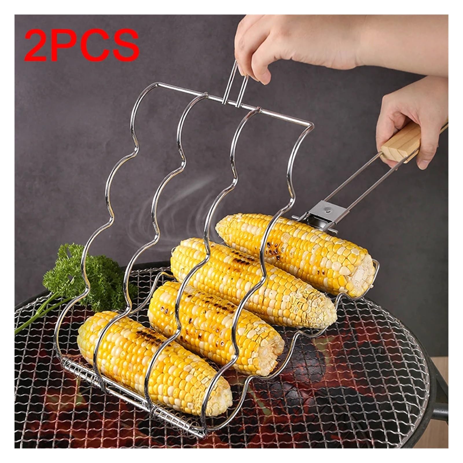 BBQ Foldable Outdoor BBQ Corn Grill with Multifunctional Corn Mesh Clip and Portable Corn Grill Clip Accessories(2PCS) 3