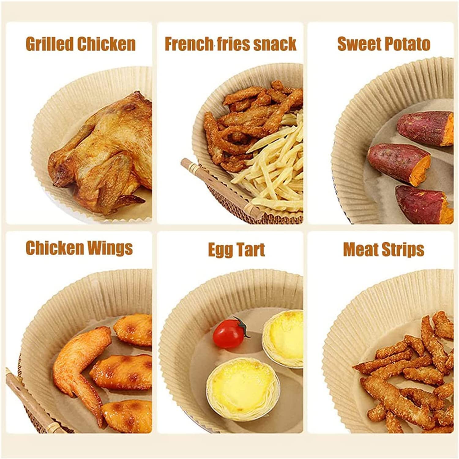 Non-stick Disposable Air Fryer Liners, Air Fryer Disposable Paper Liner, Baking Paper for Air Fryer Oil-proof, Water-proof, Food Grade Parchment for Paper Roasting Microwave (100, Brown-6.3inch) 6