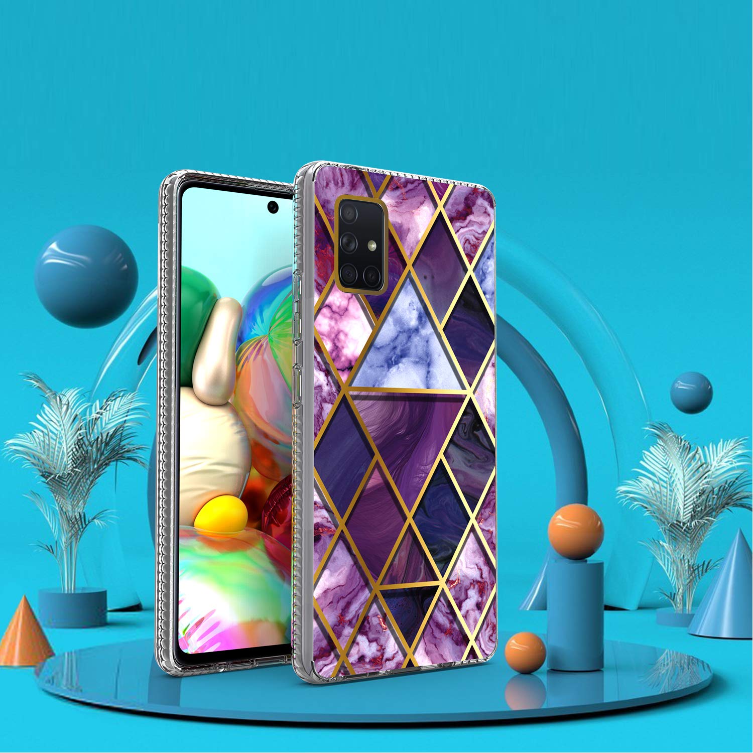 KWEICASE Cell Phone Case for Samsung Galaxy A71 5G (Not for UW & Not for 4G), Heavy Duty Hybrid Case with Geometric Diamond Purple Marble Design, Shockproof Bumper Protective Case Cover 6