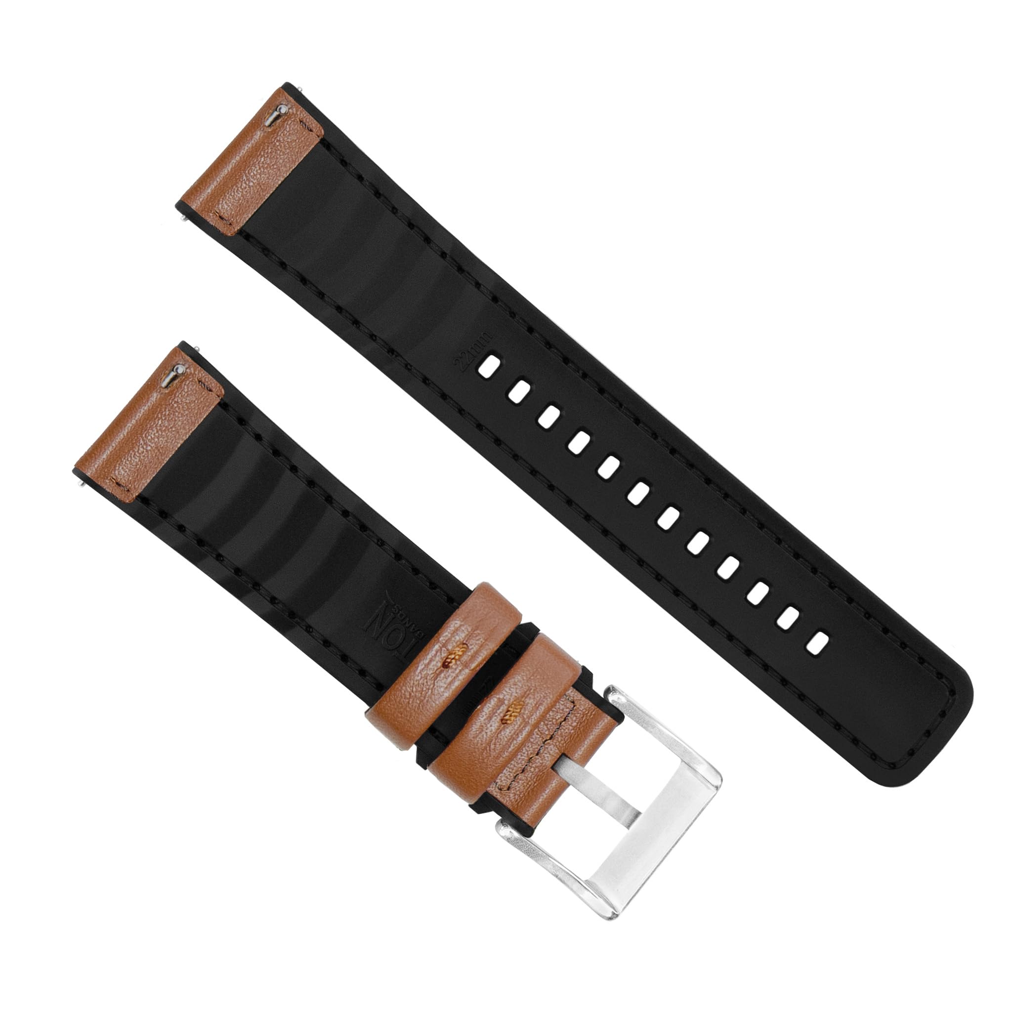 BARTON WATCH BANDS 18mm Caramel Brown - Performance Water-Resistant Leather and Silicone Hybrid Watch Bands with quick release spring bars - Pittards WR100X Leather and Silicone 5