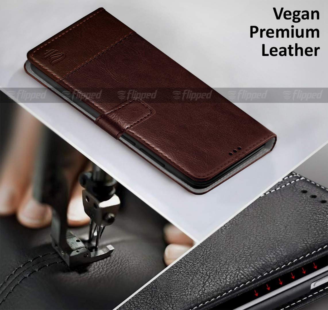 FLIPPED Vegan Leather Flip Case Back Cover for Apple iPhone 13 Pro Max (Flexible, Shock Proof | Hand Stitched Leather Finish | Card Pockets Wallet & Stand | Tan with Brown) 3