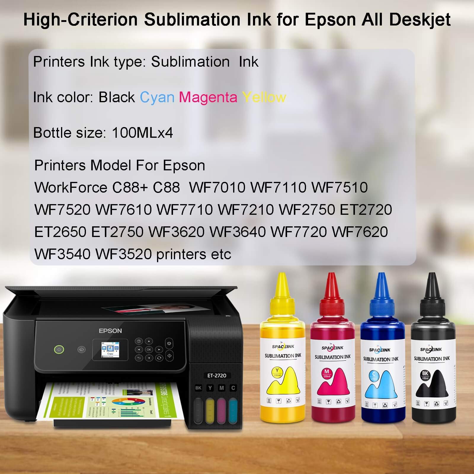 Spaceink Sublimation Ink Refilled for EP ET2800 ET4800 ET2720 ET2760 ET2803 XP15000 ET8550 WF3640 XP5100 WF7710 WF7720 Printer(1*Black 1*Cyan 1*Magenta 1*Yellow,4-Pack) 3