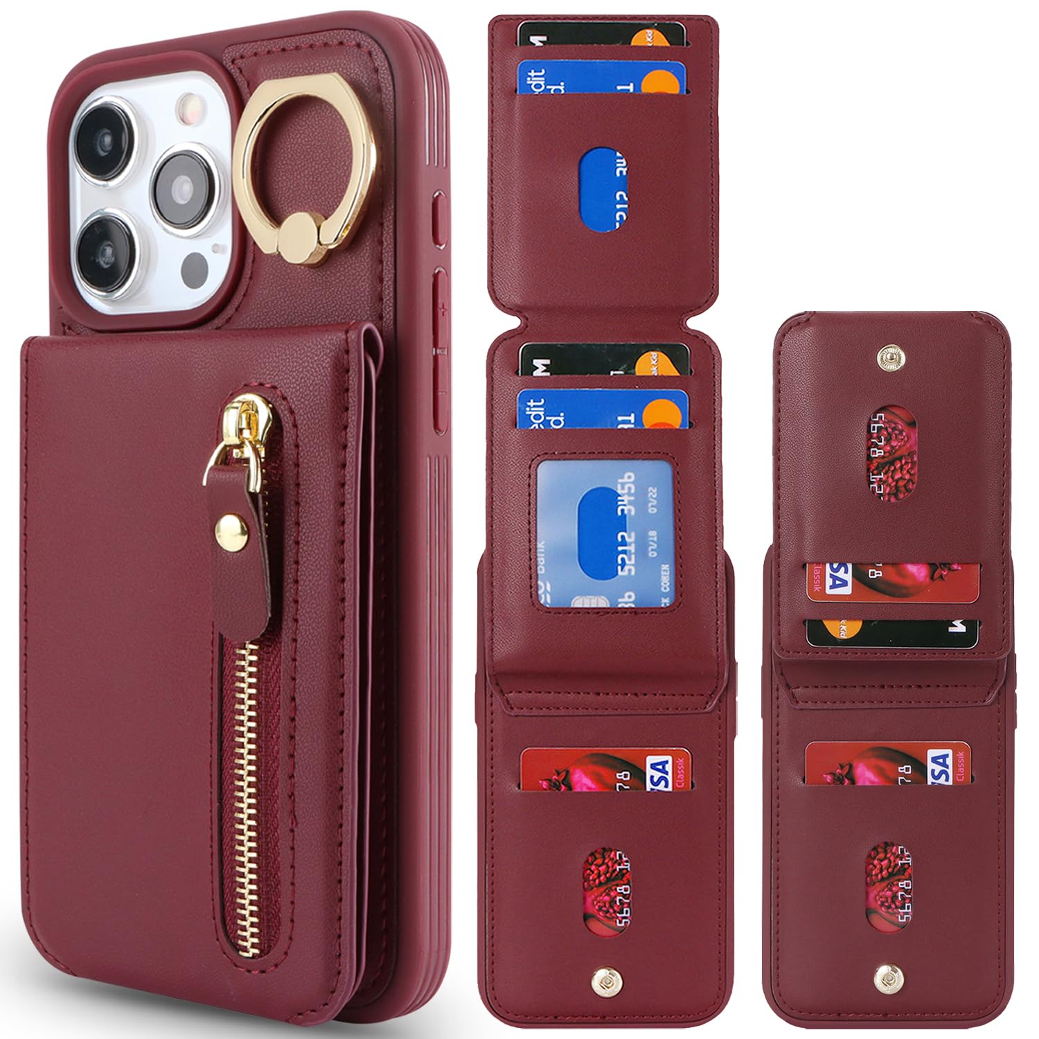 DEYHU for iPhone 14 pro Max Case with Card Holder for Women, for iPhone 14 pro Max Phone Case Wallet with Credit Card with Ring Kickstand Zipper Shockproof Slim Stand Case - Red Wine 3