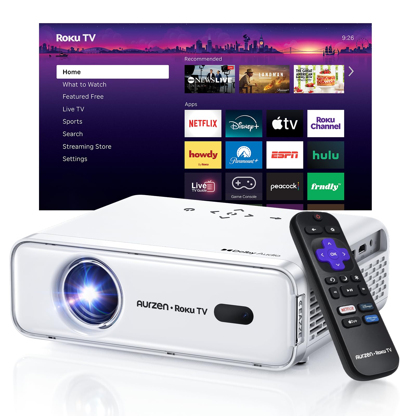 Aurzen Roku TV Smart Projector with Wifi and Bluetooth, Roku Streaming Experience Built-in, 1080P FHD, Dolby Audio, Auto Focus & Keystone, Zoom, Movie Portable Outdoor Mini Projector, White 2