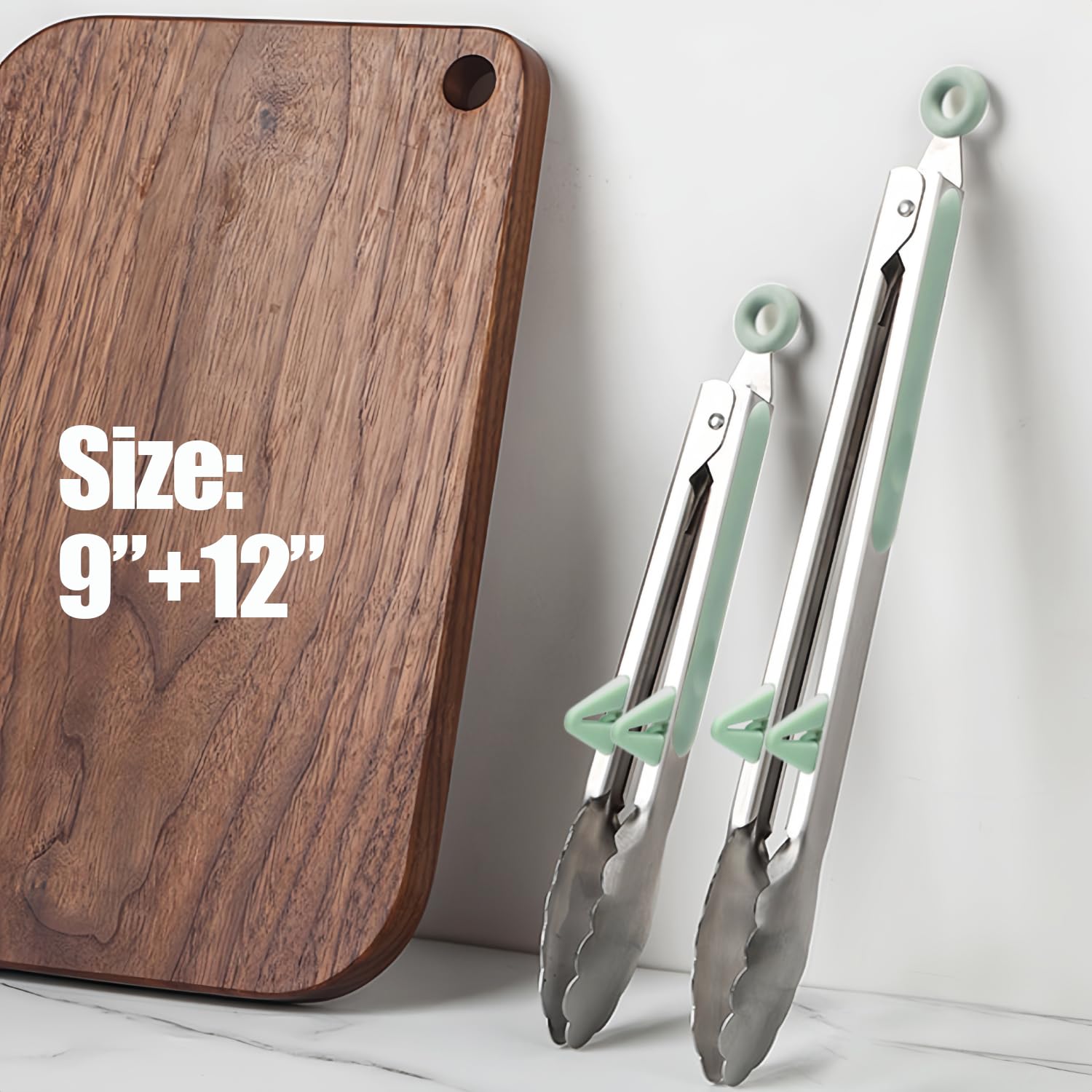 Kitchen Grilling Tongs 9"+12”, 2Pcs Stainless Steel Tong for Cooking with Stand, Food Grade Small Serving Tong for Barbecue Salad, Green 5