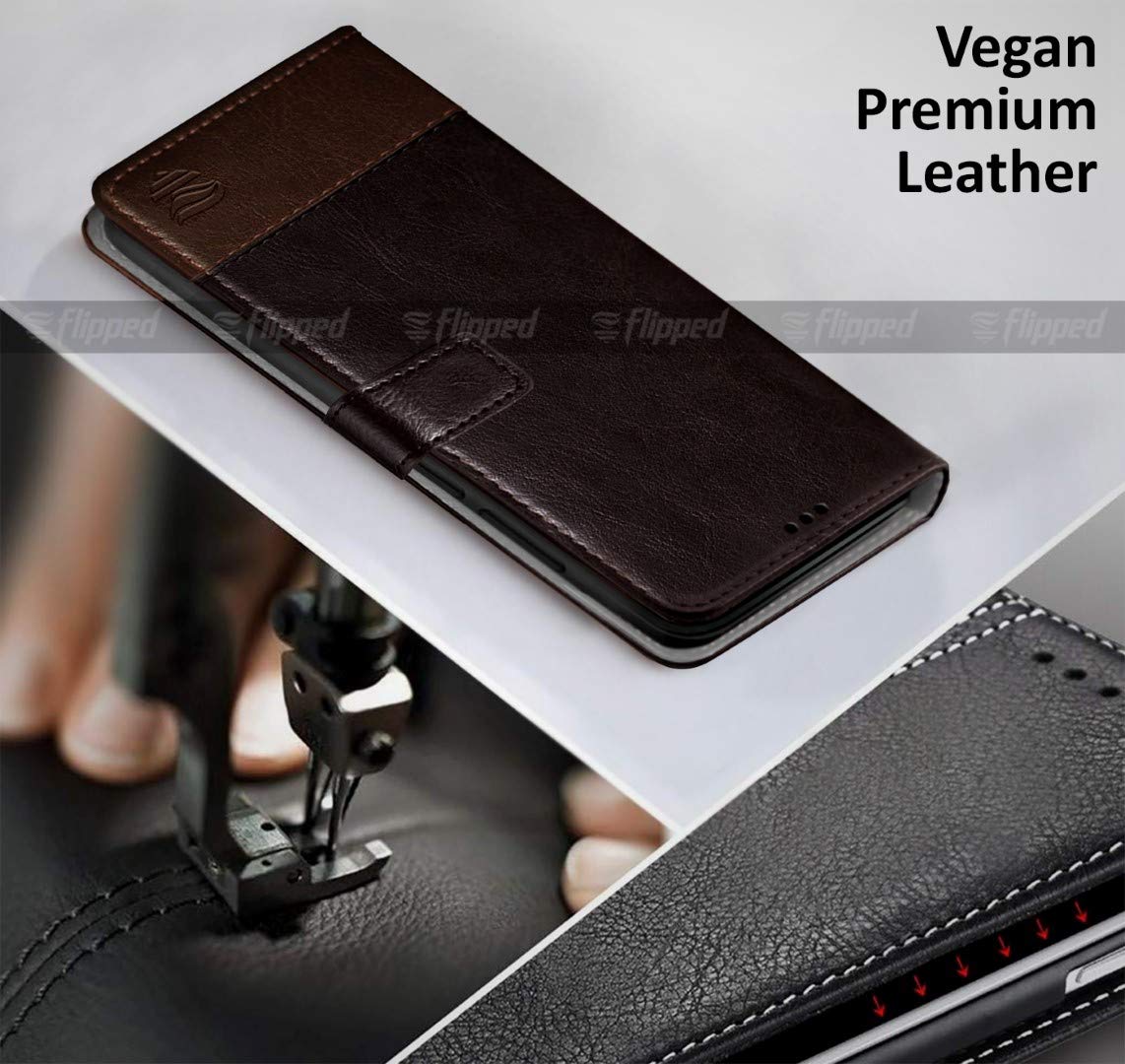 FLIPPED Vegan Leather Flip Case Back Cover for Apple iPhone 13 Pro Max (Flexible, Shock Proof | Hand Stitched Leather Finish | Card Pockets Wallet & Stand | Coffee with Brown) 3