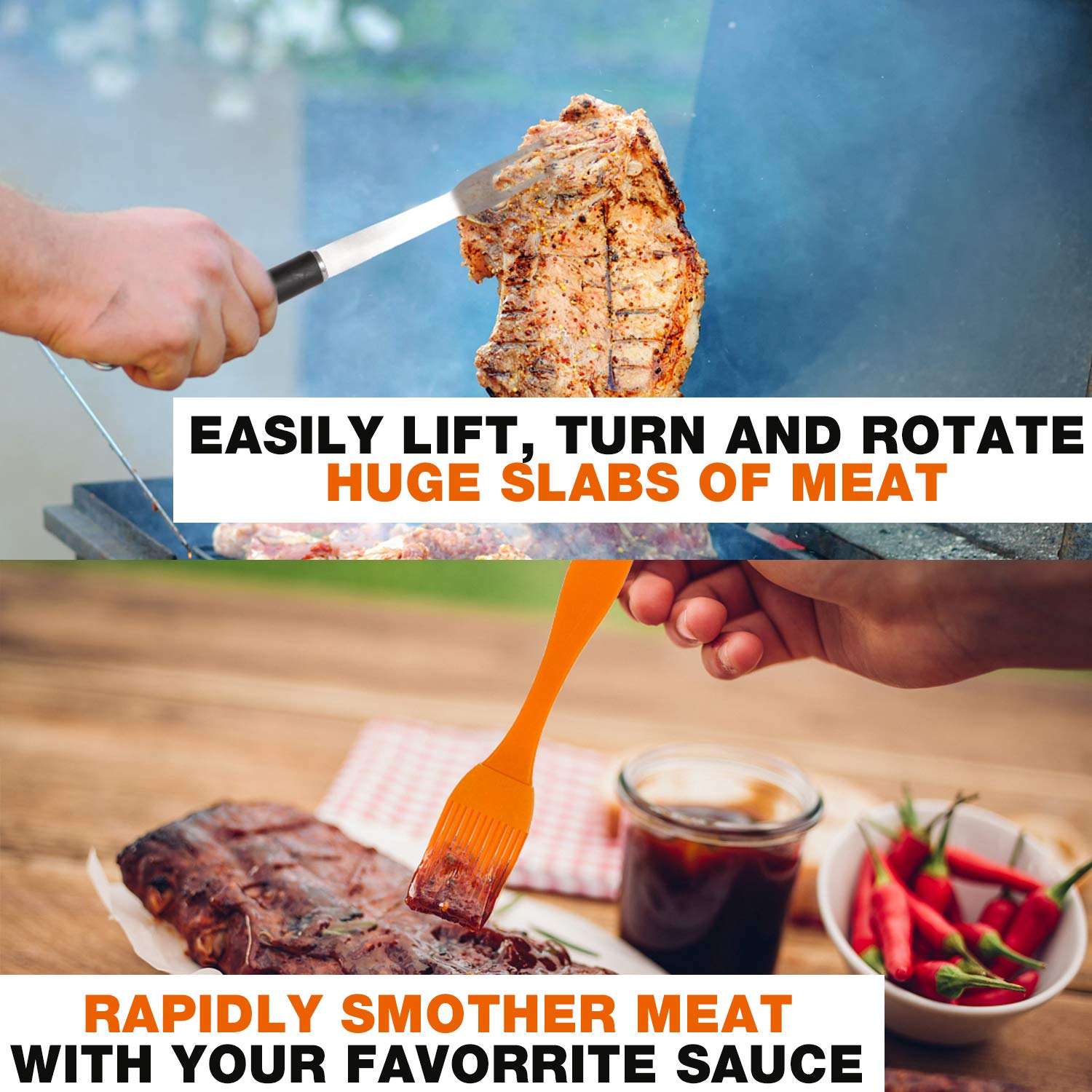 Ranphykx BBQ Grill Tool Set. 7pcs Barbecue Grilling Accessories, Includes - Stainless Steel Spatula, Fork, Tongs, Silicone Basting Brush 5