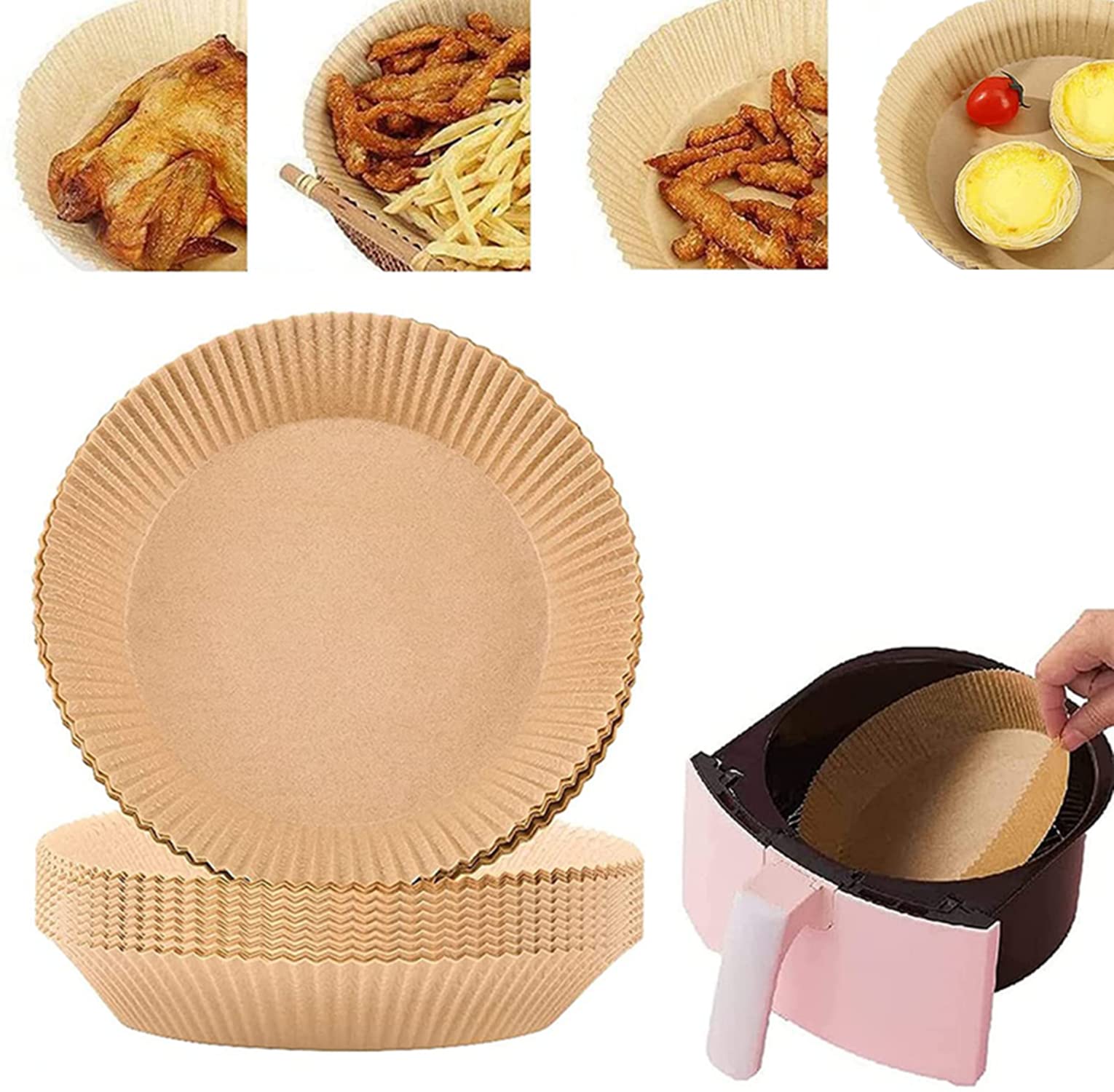 Non-stick Disposable Air Fryer Liners, Air Fryer Disposable Paper Liner, Baking Paper for Air Fryer Oil-proof, Water-proof, Food Grade Parchment for Paper Roasting Microwave (100, Brown-6.3inch) 1