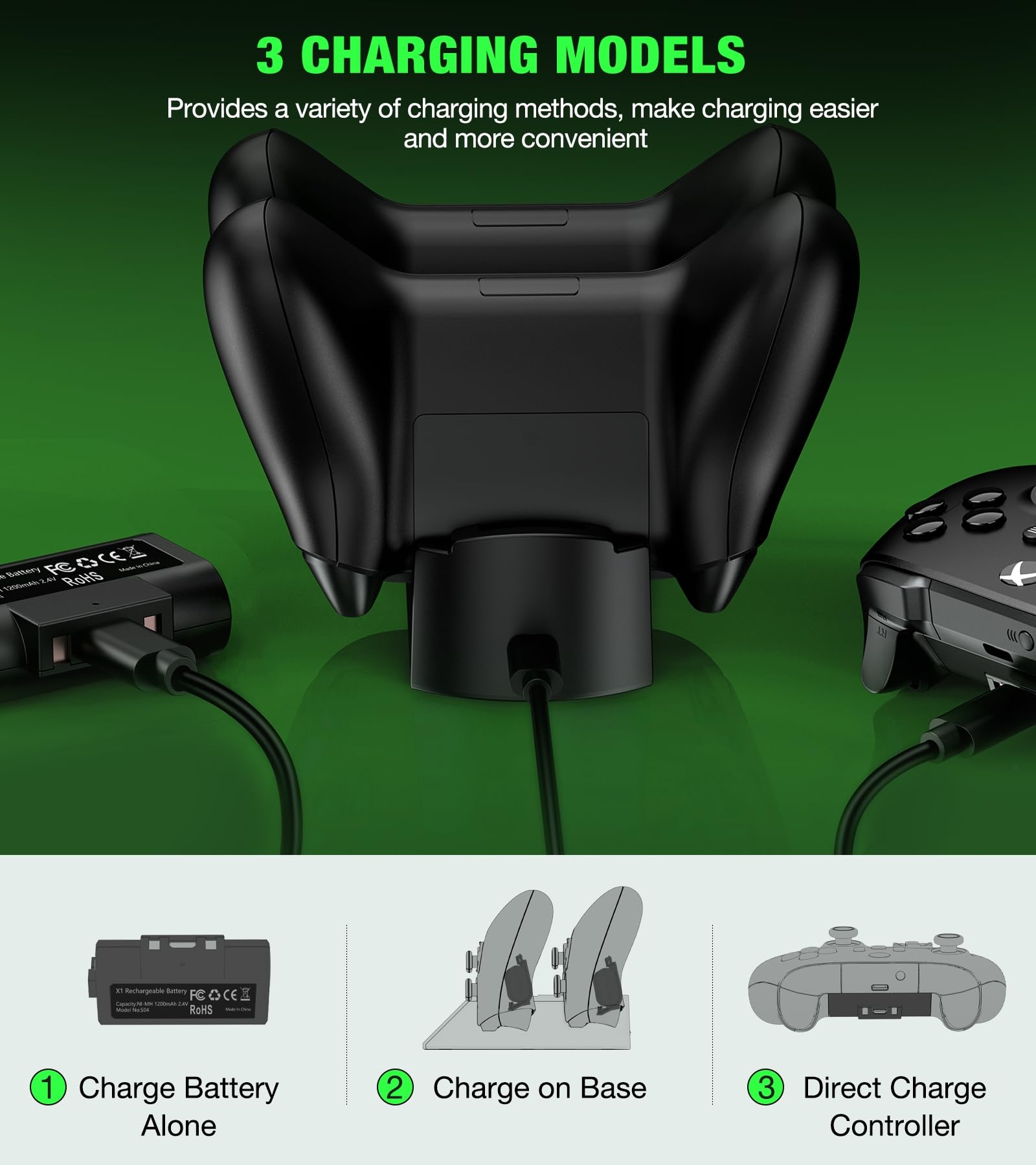 Xbox One Consoles-Xbox Rechargeable Battery with Xbox Controller Charger, 2x1200 Xbox Controller Battery Pack for Xbox Series X/S, Xbox Charging Station for Xbox One/S/X/Elite 6
