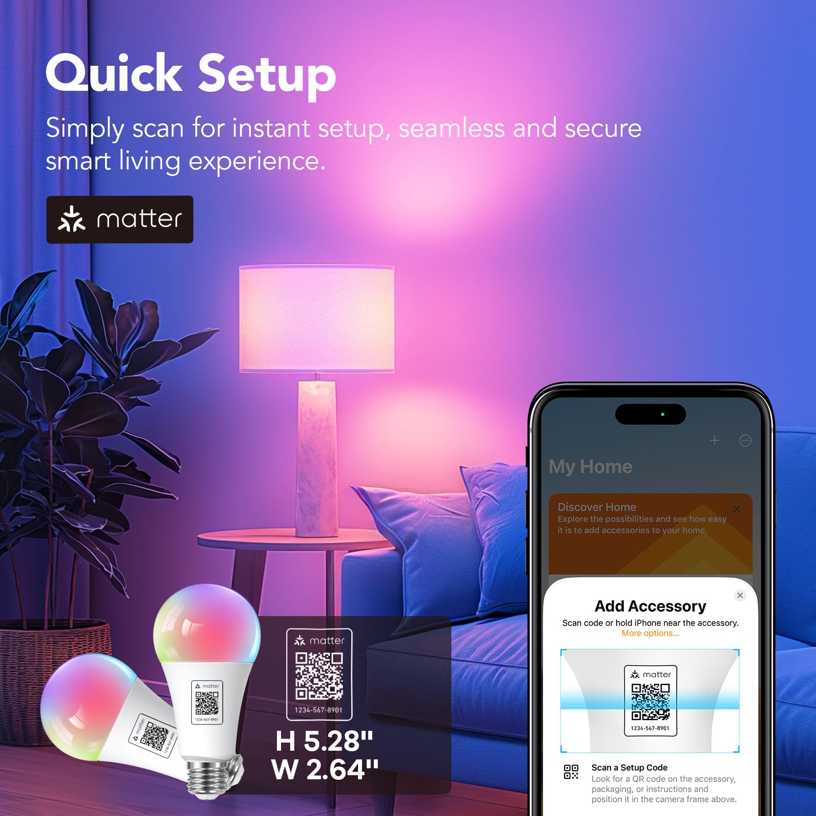 OREiN Matter Smart Light Bulb, 1600/1200 Lumens 100W/85W Equivalent Smart Light Bulbs, Color Changing Light Bulbs Work with Apple Home, Alexa, Google Home, SmartThings 6