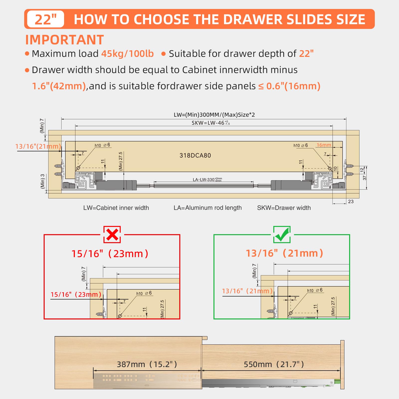 PHWALK Push to Open and Soft Close Drawer Slide 22 inch Push to Open Soft Close Dual Function Linkage Drawer Slide Full Extension Concealed Rails Track 100 lb Load Capacity 1 Pair 3