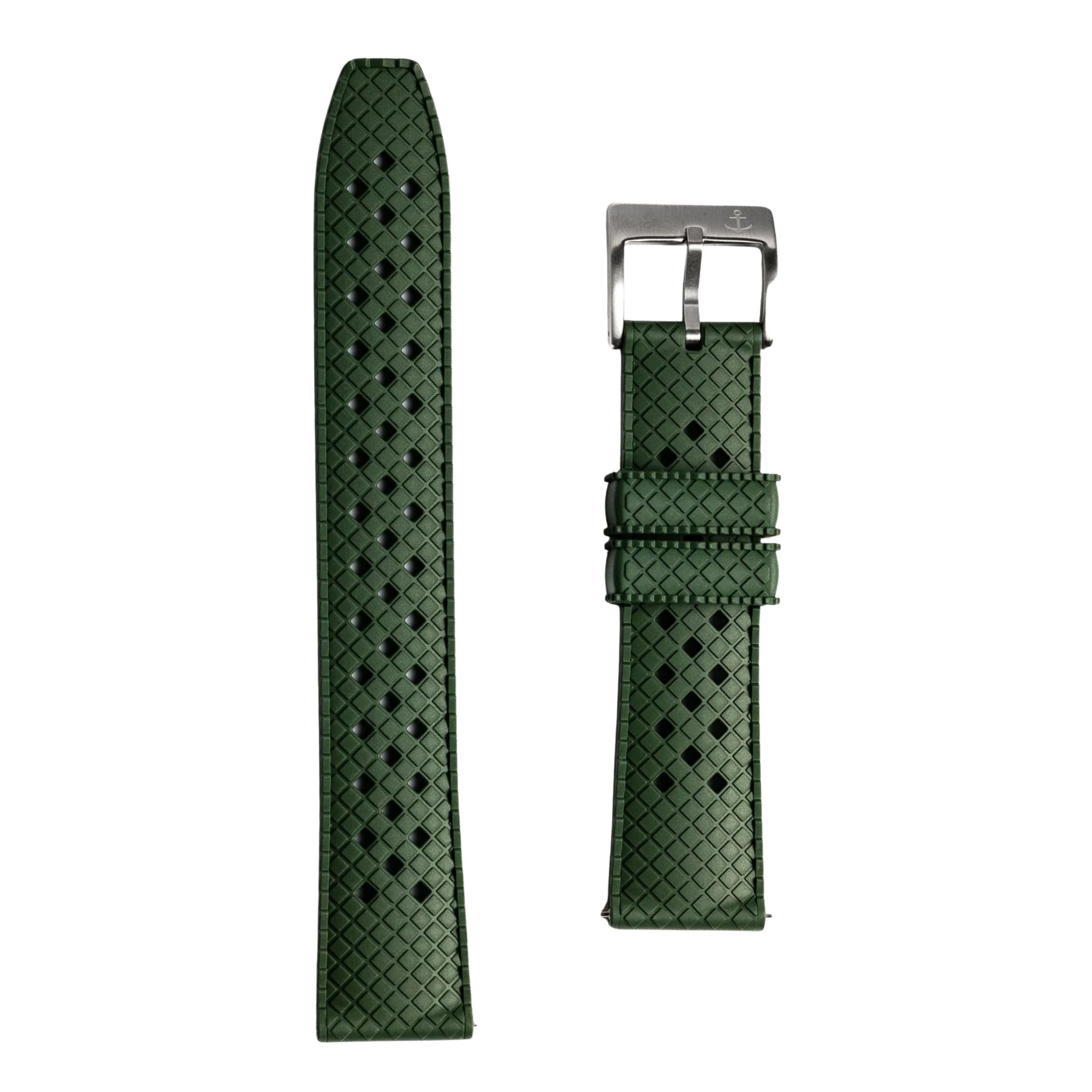 Anchor Strap Co | 22mm Standard AnchorFlex Heritage Watch Strap | Seaweed Green | FKM Rubber Crosshatch Texture | Brushed 316L Stainless Buckle | Waterproof & Slim Tapered Fit | 6.25–8.25in Wrists 1