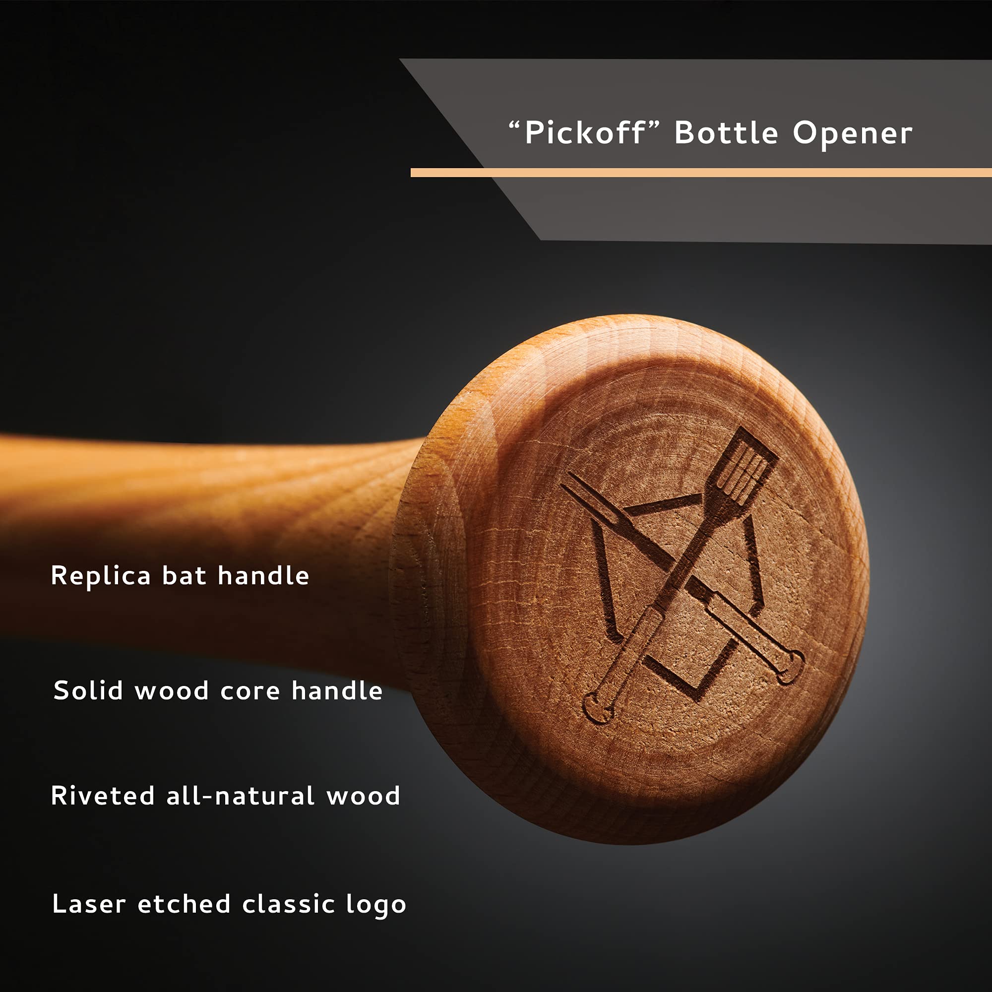 Baseball BBQ | 'Pick Off' Bottle Opener Tool | BBQ Grilling Accessories, Tools & Utensils for Baseball Fans | Patented Wooden Bat Handle & Quality Stainless Steel | Perfect for Dads | Add to Set 2