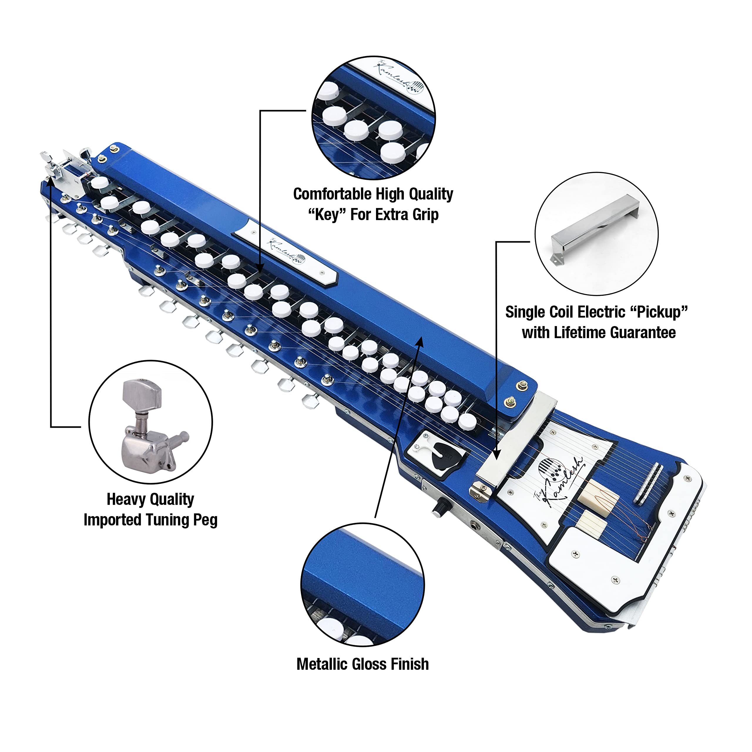 The Kamlesh® Indian Banjo (Bulbul Tarang) Electric Benjo with Protective Box, Strings, Picks, Jack Cable, Tuning Guide & Lifetime Support - 29 Keys, Royal Blue 3