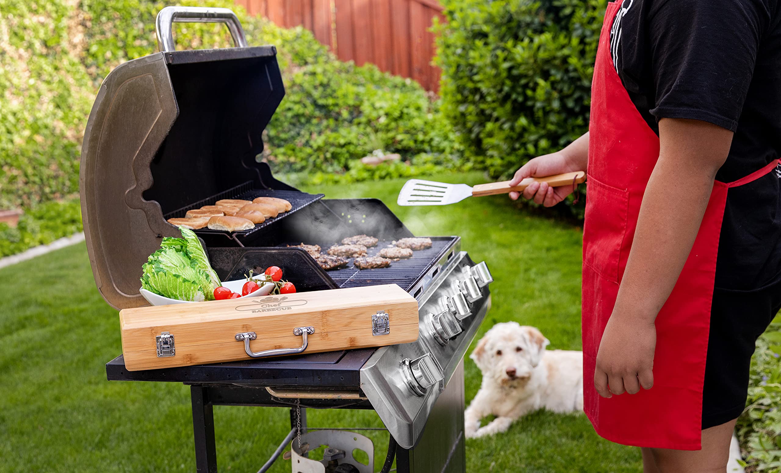 Personalized Grill Set for Men, BBQ Set with Custom Engraved Wooden Case Holder (Chef Design) | Customized Birthday for Him, Dad, Boyfriend, Husband | Groomsmen Gift 6
