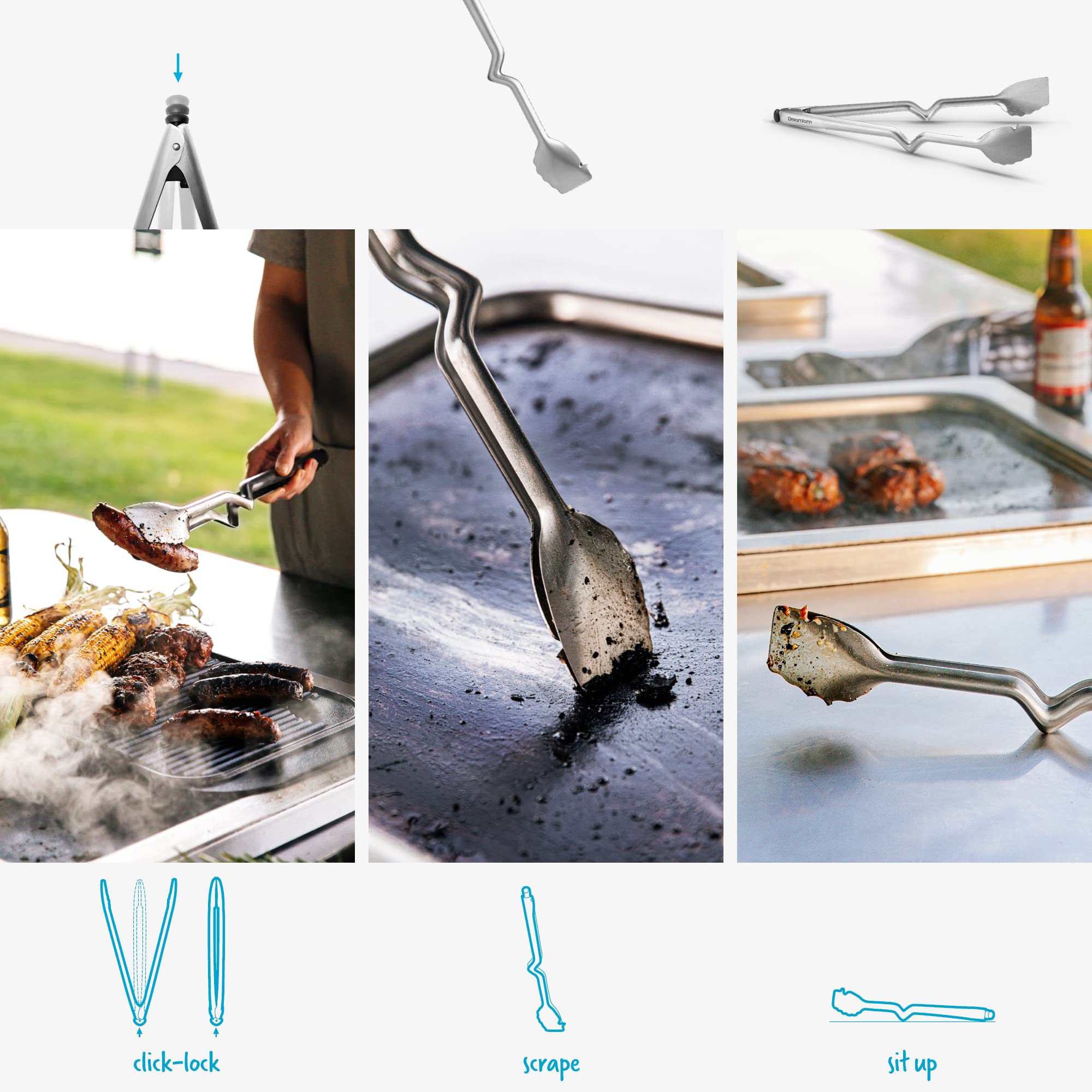 Dreamfarm BBQ Clongs Durable Barbecue Tongs with Click-Lock Open & Close, In-Built Sausage Prick & Cutter - 15" Stainless Steel 4