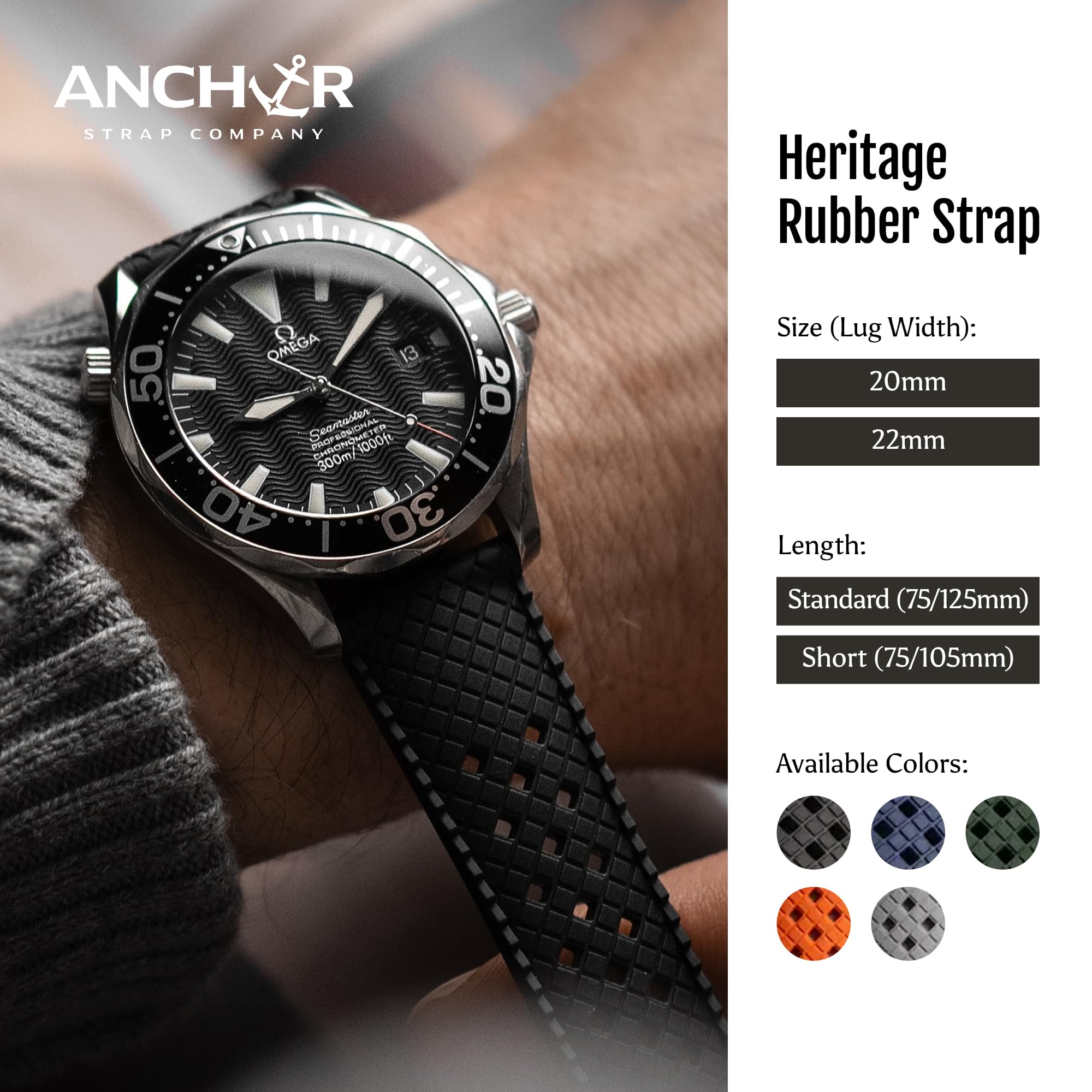 Anchor Strap Co | 22mm Standard AnchorFlex Heritage Watch Strap | Seaweed Green | FKM Rubber Crosshatch Texture | Brushed 316L Stainless Buckle | Waterproof & Slim Tapered Fit | 6.25–8.25in Wrists 3