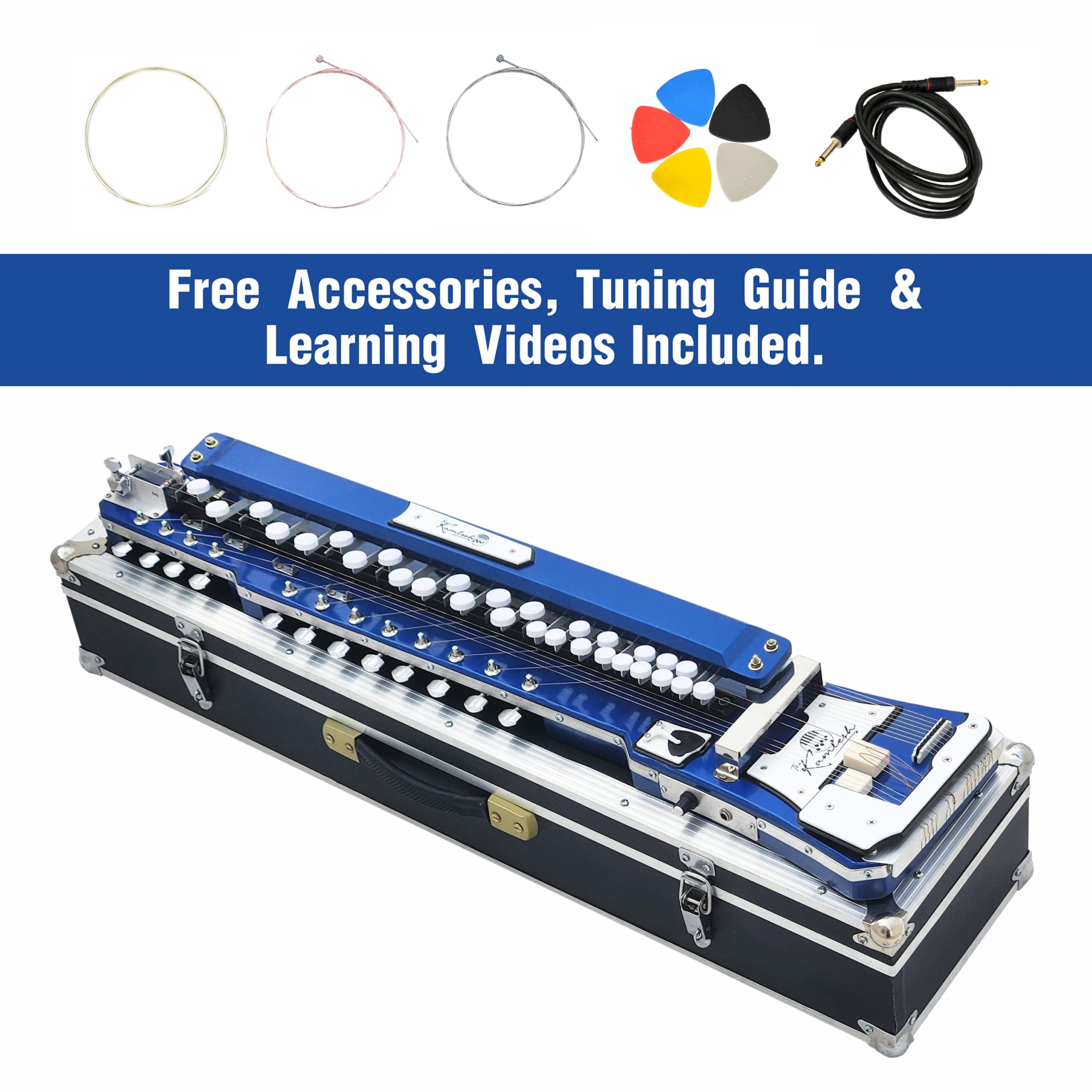 The Kamlesh® Indian Banjo (Bulbul Tarang) Electric Benjo with Protective Box, Strings, Picks, Jack Cable, Tuning Guide & Lifetime Support - 29 Keys, Royal Blue 6