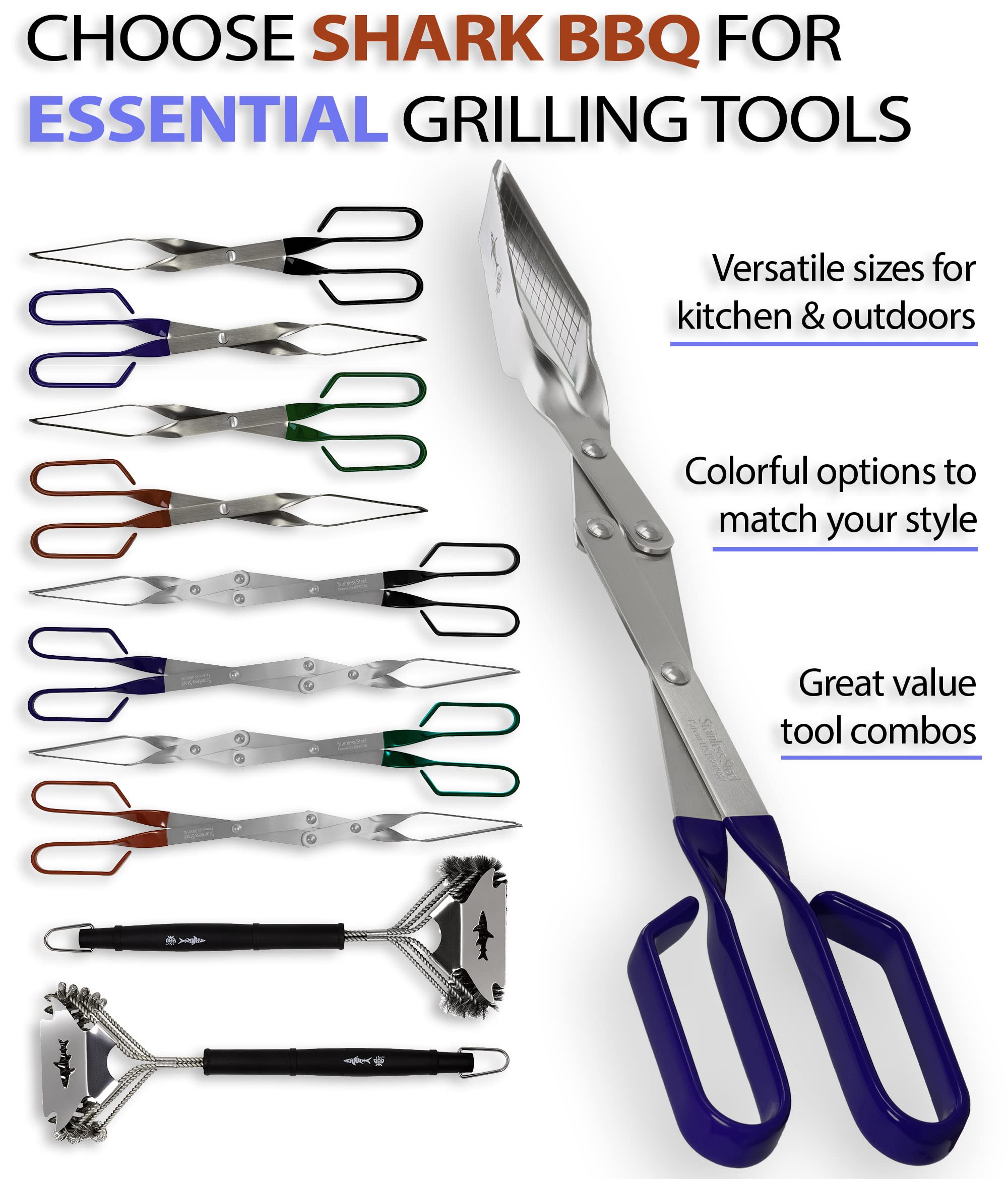 BBQ Tong Set (Two Pack) Combo,13 & 17 In Shark BBQ Grill Tongs and Meat Turners for Barbecue Grilling on Gas & Charcoal Grills - (Two Blue) 6