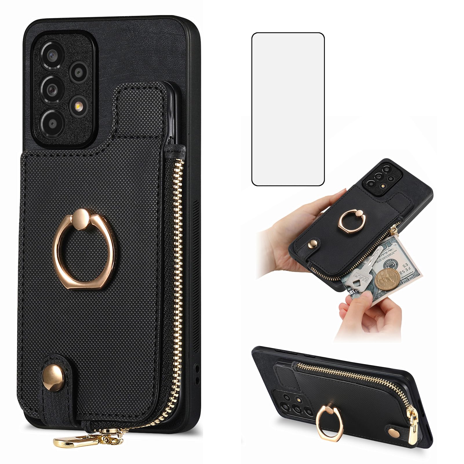 Asuwish Phone Case for Samsung Galaxy A53 5G Wallet Cell Cover with Tempered Glass Screen Protector Ring Stand Card Holder A 53 G5 53A SM A536U 6.5" 2022 Women Men Girls Black 1